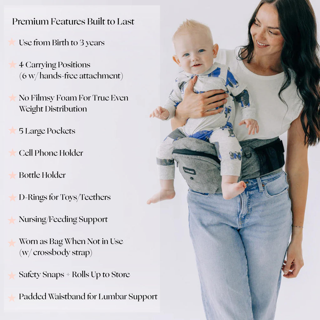 Tushbaby Original Hip Seat Baby Carrier for Babies & Toddlers up to 45 lbs, Safety Certified, Lightweight No-Foam Design with Storage & Nursing Support, Grey
