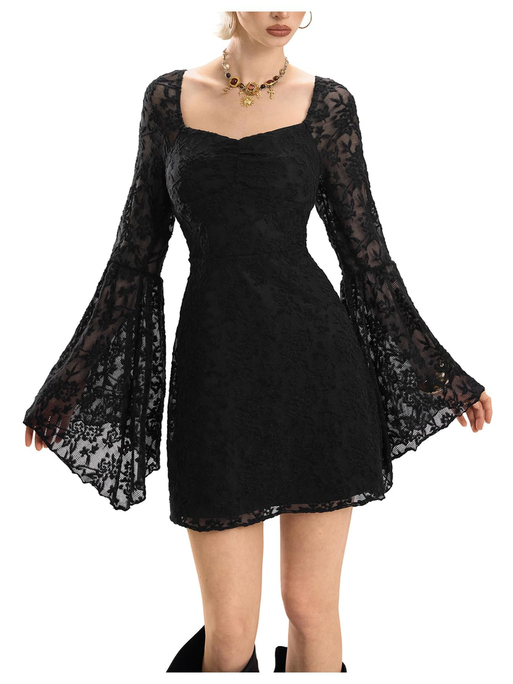 WDIRARA Women's Floral Jacquard Mesh Gothic Dress Bell Long Sleeve A Line Vintage Dresses Deep Black Medium