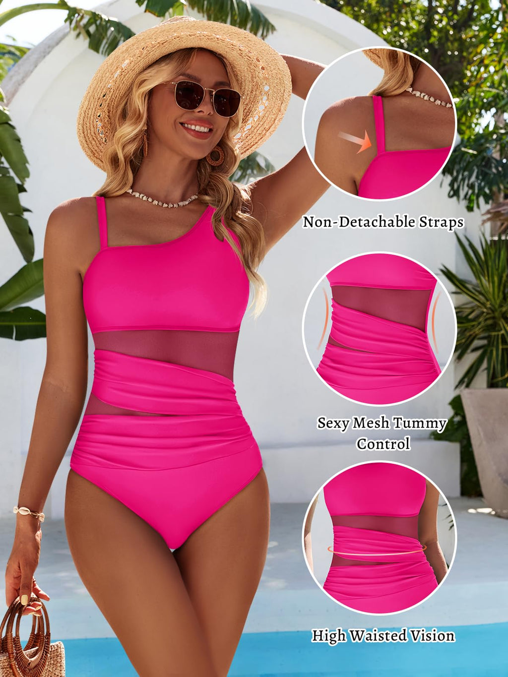 Dridreo Women's Bathing Suit Mesh One Piece Swimsuit Tummy Control Modest High Waisted Swimsuits 2026 Hot Pink M