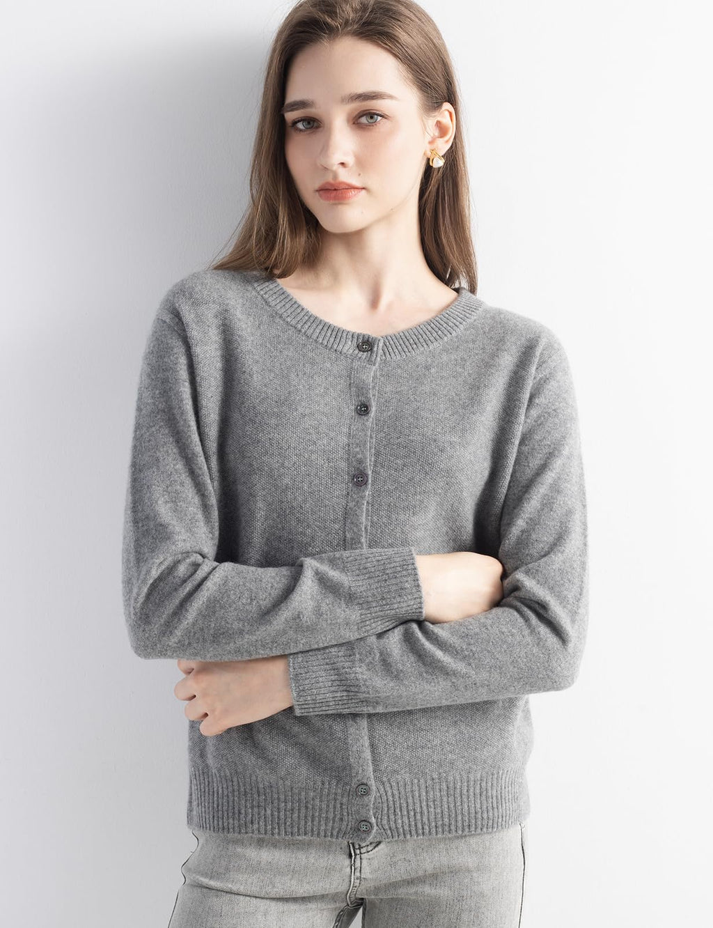 Chanyarn Women's 100% Pure Cashmere Cardigan Crew Neck Long Sleeve 2025 Fall Winter Warm Soft Knit Cardigan Sweater (Grey17177,M)