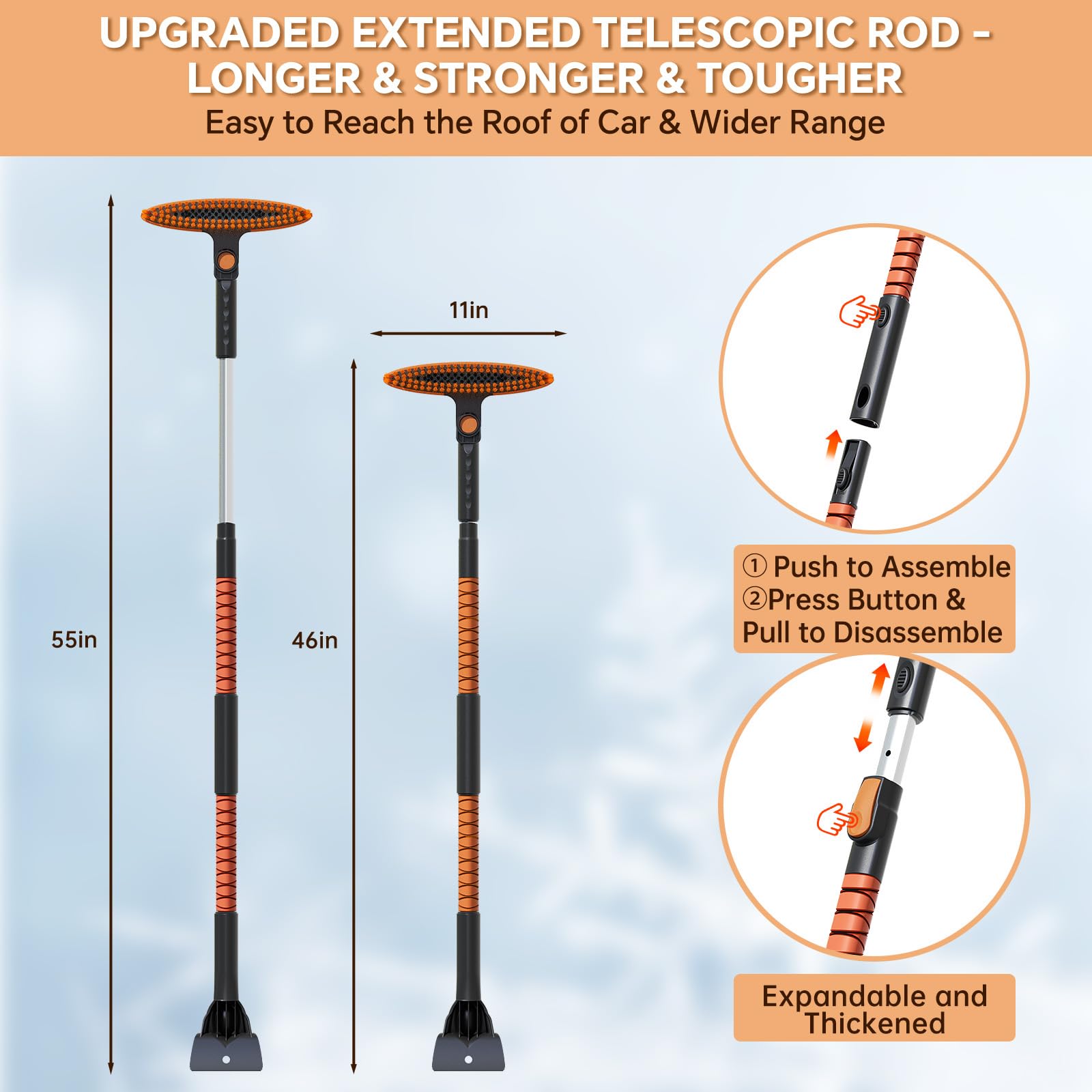 4-In-1 Snow Brush and Ice Scrapers for Car Windshield 55'' Extendable Snow Shovel Snow Broom Kit with Squeegee, Foam Grip 180°Pivoting Thicken Brush Head Portable Snow Scraper for Car, Trucks, SUV