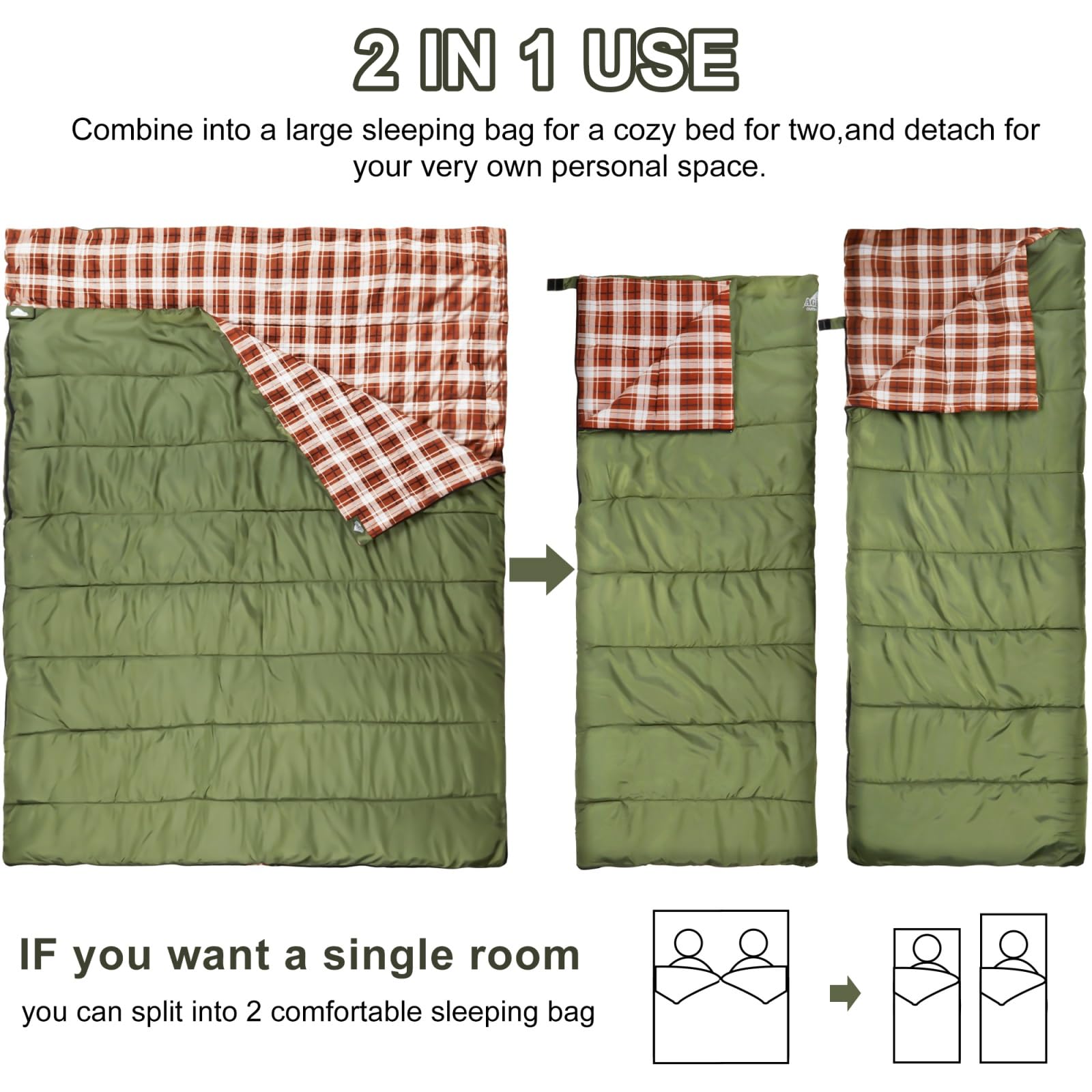 AGEMORE Cotton Flannel Double Sleeping Bag for Camping, Backpacking Or Hiking. Queen Size 2 Person Waterproof Sleeping Bag for Adults Or Teens. Lightweight with Compression Sack
