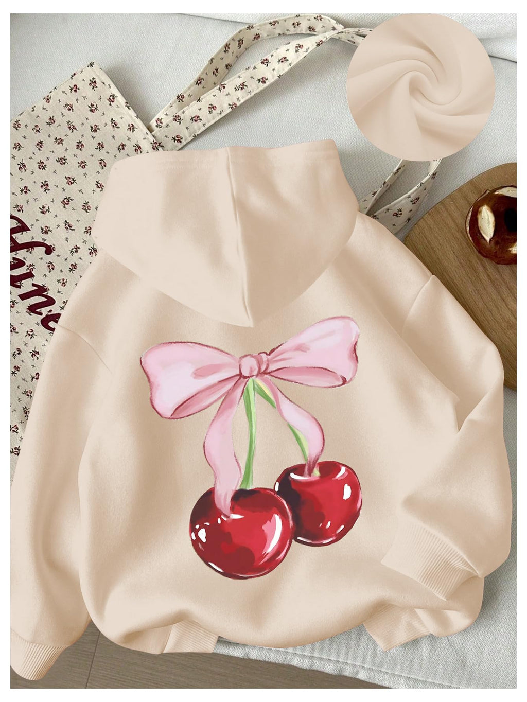 WDIRARA Girl's Cherry Graphic Hoodie Long Sleeve Hooded Sweatshirt Cute Pullovers Tops Apricot 7Y