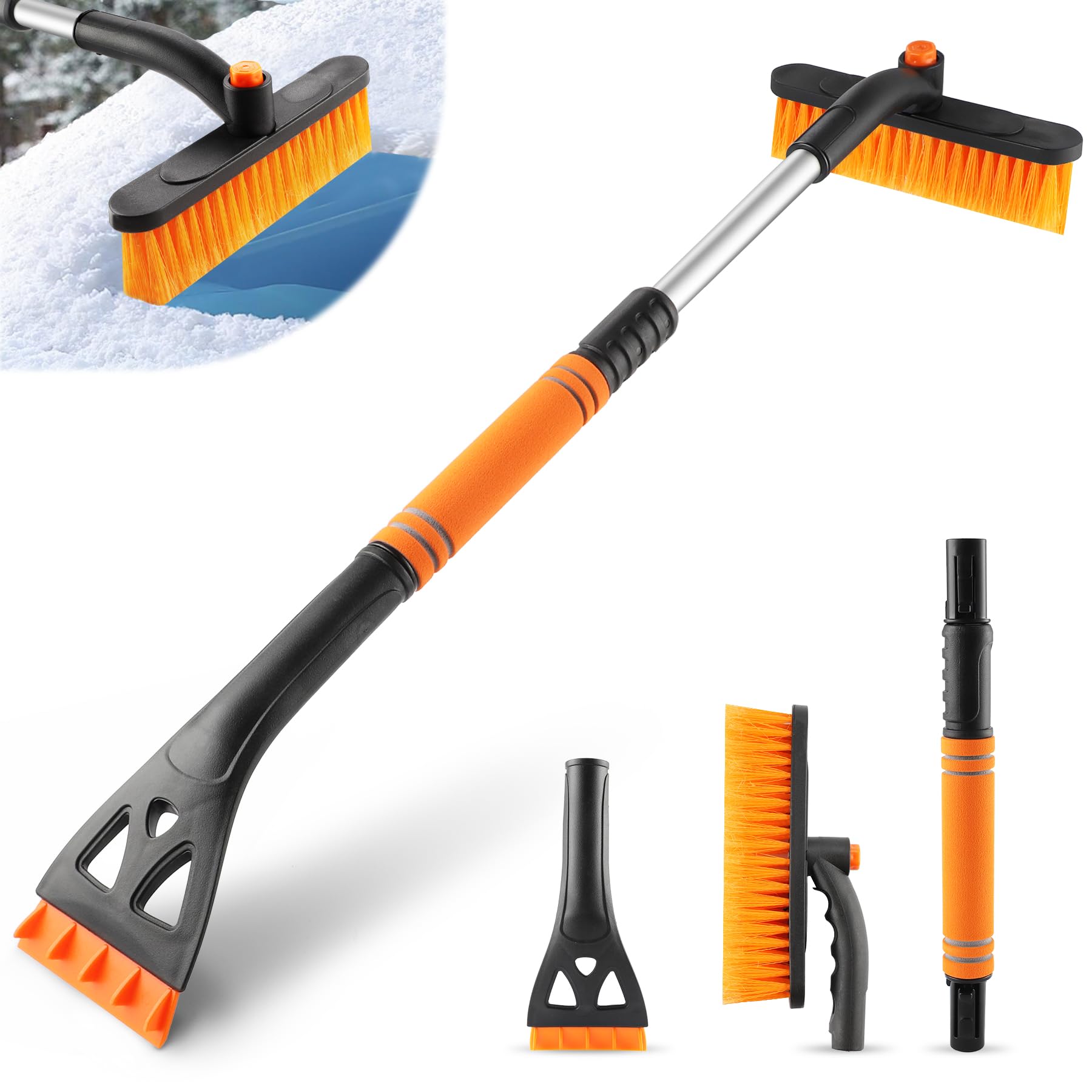 LivTee 32" Extendable Ice Scraper & Snow Brush for Car Windshield, 360° Rotating Snow Removal Tool for Cars, Trucks & SUVs, Automotive Winter Essentials & Car Accessories for Men, Orange