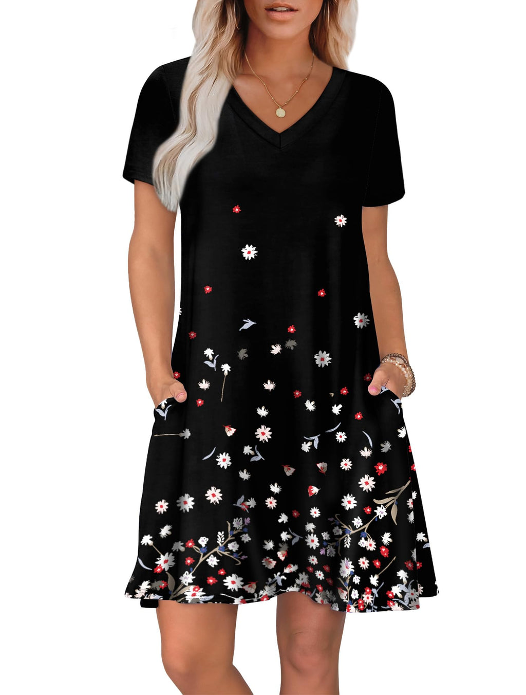 WIHOLL Dresses for Women 2026 Elegant Classy Wedding Guest Fall Summer Outfits Travel Cruise Graduation Cocktail Party Casual V Neck Short Sleeve Swing Swing Sun Dress Black Floral L