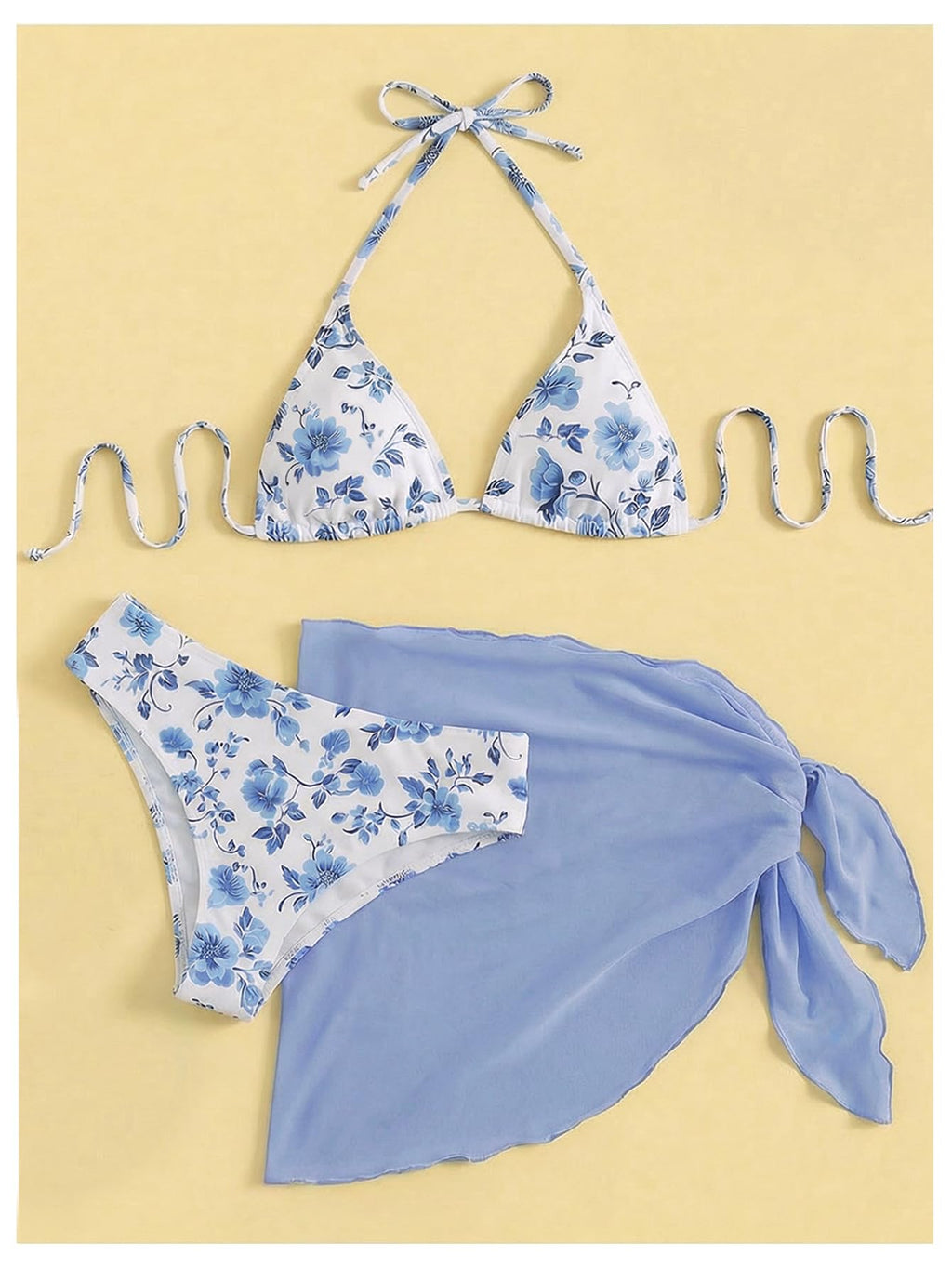 SHENHE Women's 3 Piece Polka Dots Floral Bikini Set with Wrap Coverup Halter Triangle Swimsuits Blue W Large