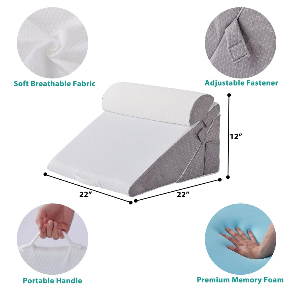 Bedluxe Wedge Pillow Headboard, 3PCS Orthopedic Bed Wedge Pillows Set for After Surgery, Adjustable Pillow Wedge for Acid Reflux&Back Pain Relief, Sleeping, Back Pillow for Bed Sitting Up, White/Grey