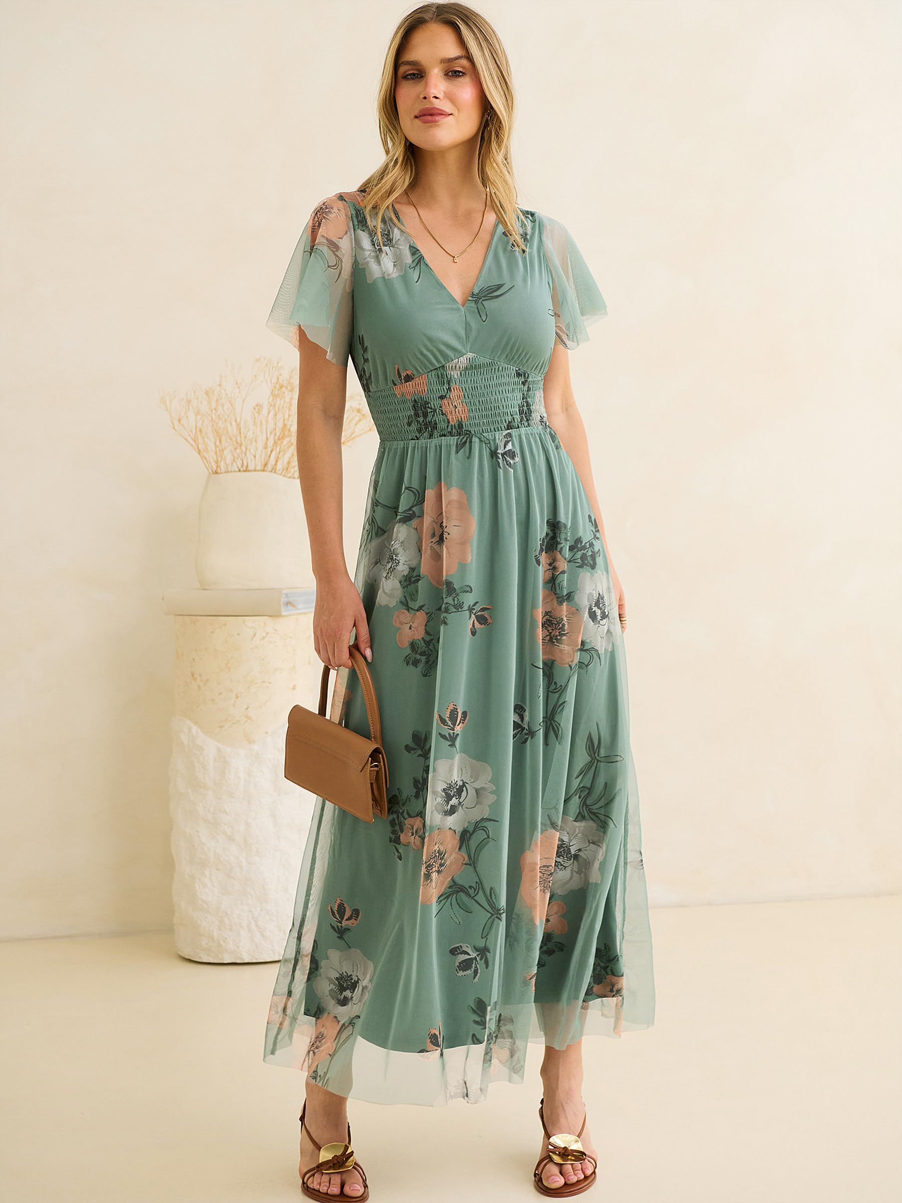 ANRABESS Women Summer Floral Maxi Dress Short Sleeve Boho Flowy Tulle Beach Vacation Wedding Guest 2026 Party Long Dresses Dusty Olive Floral Medium