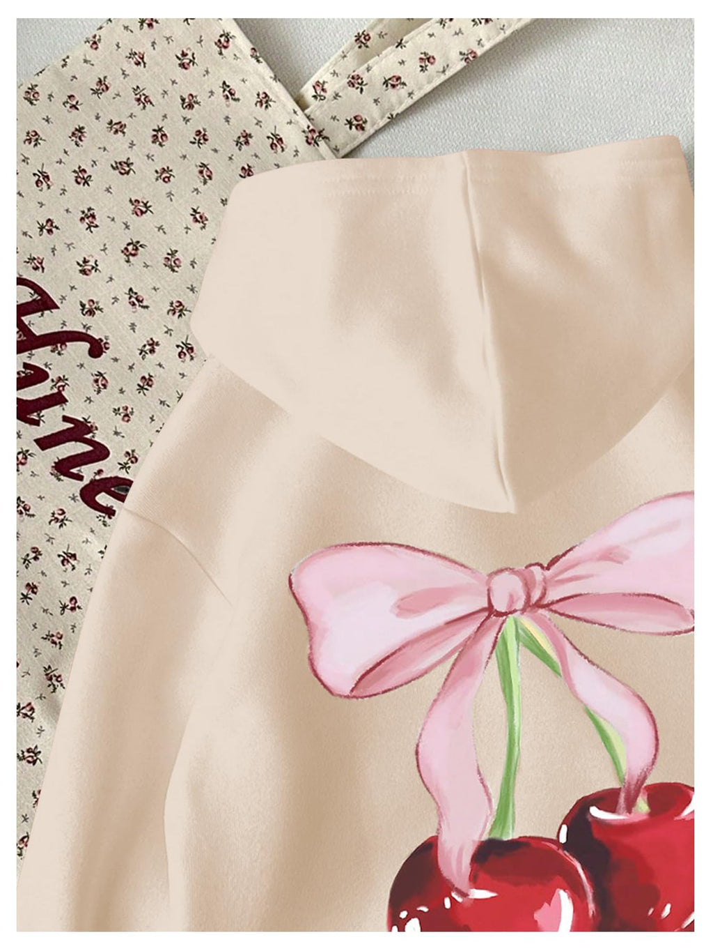 WDIRARA Girl's Cherry Graphic Hoodie Long Sleeve Hooded Sweatshirt Cute Pullovers Tops Apricot 7Y