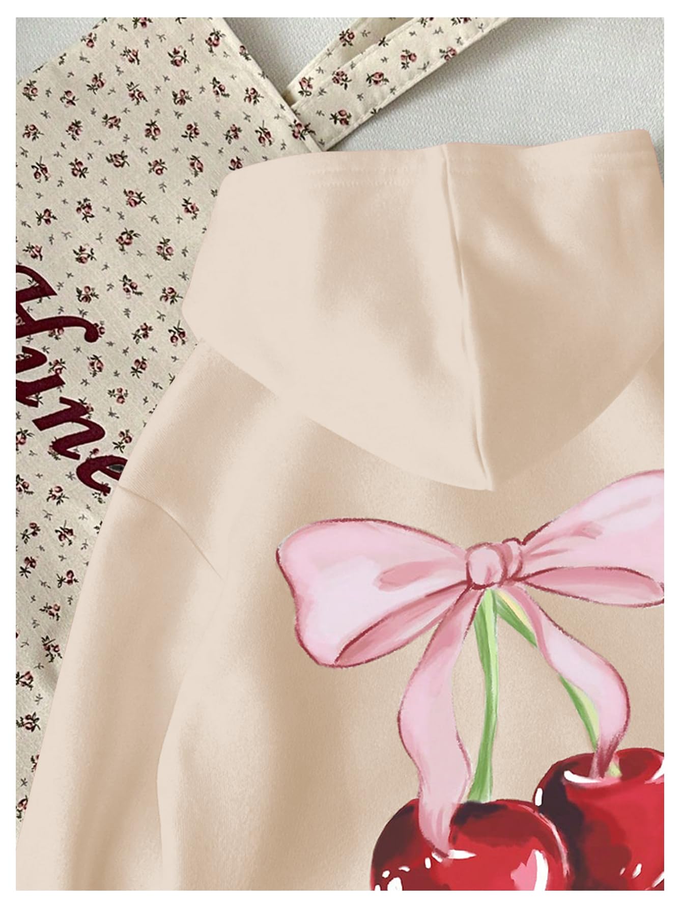 WDIRARA Girl's Cherry Graphic Hoodie Long Sleeve Hooded Sweatshirt Cute Pullovers Tops Apricot 11Y