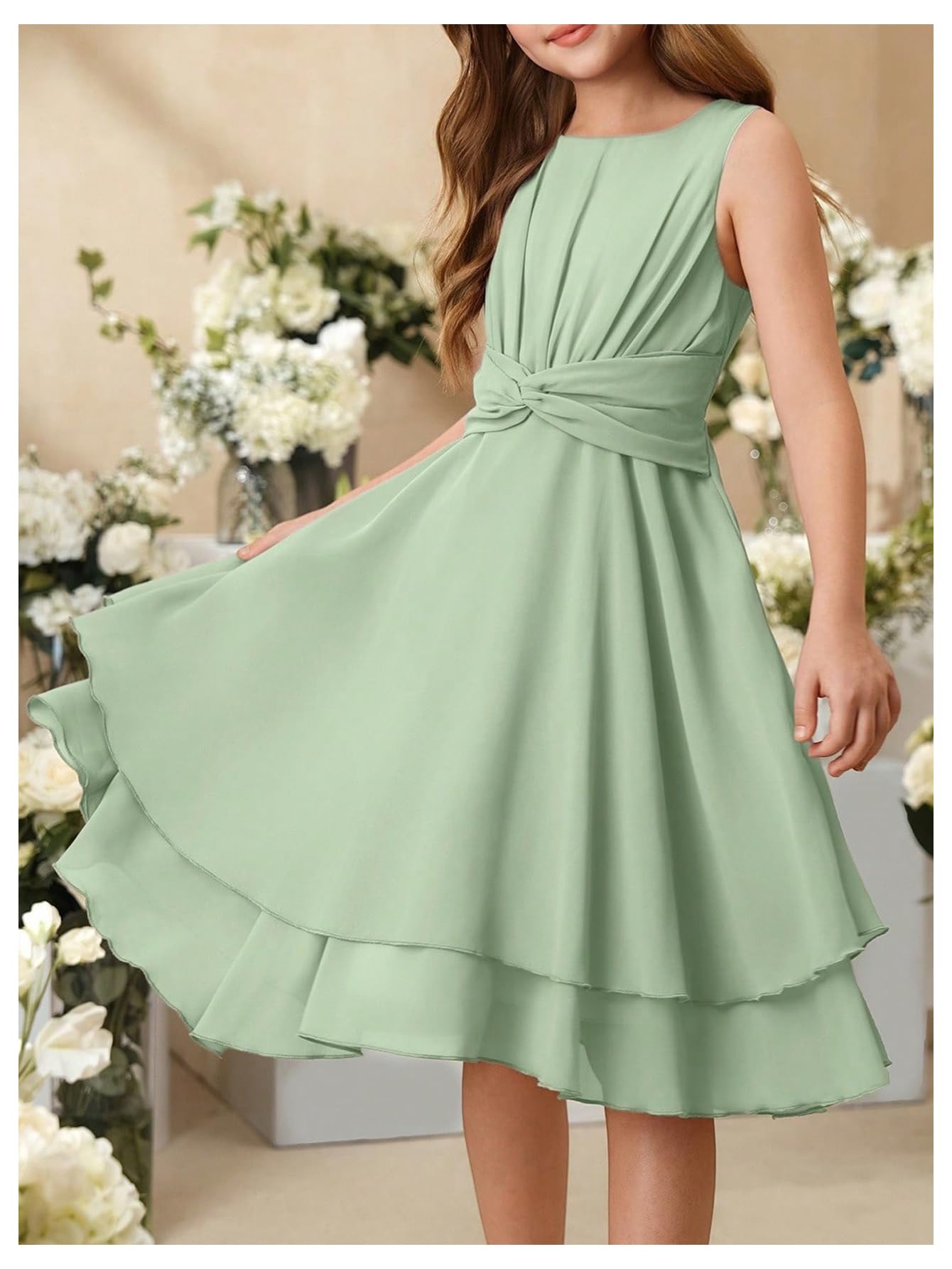 Verdusa Girl's Flower Summer Dresses Sundress Twist Ruched Ruffle Layered Flowy Birthday Wedding Guest Dress Green 10 Years