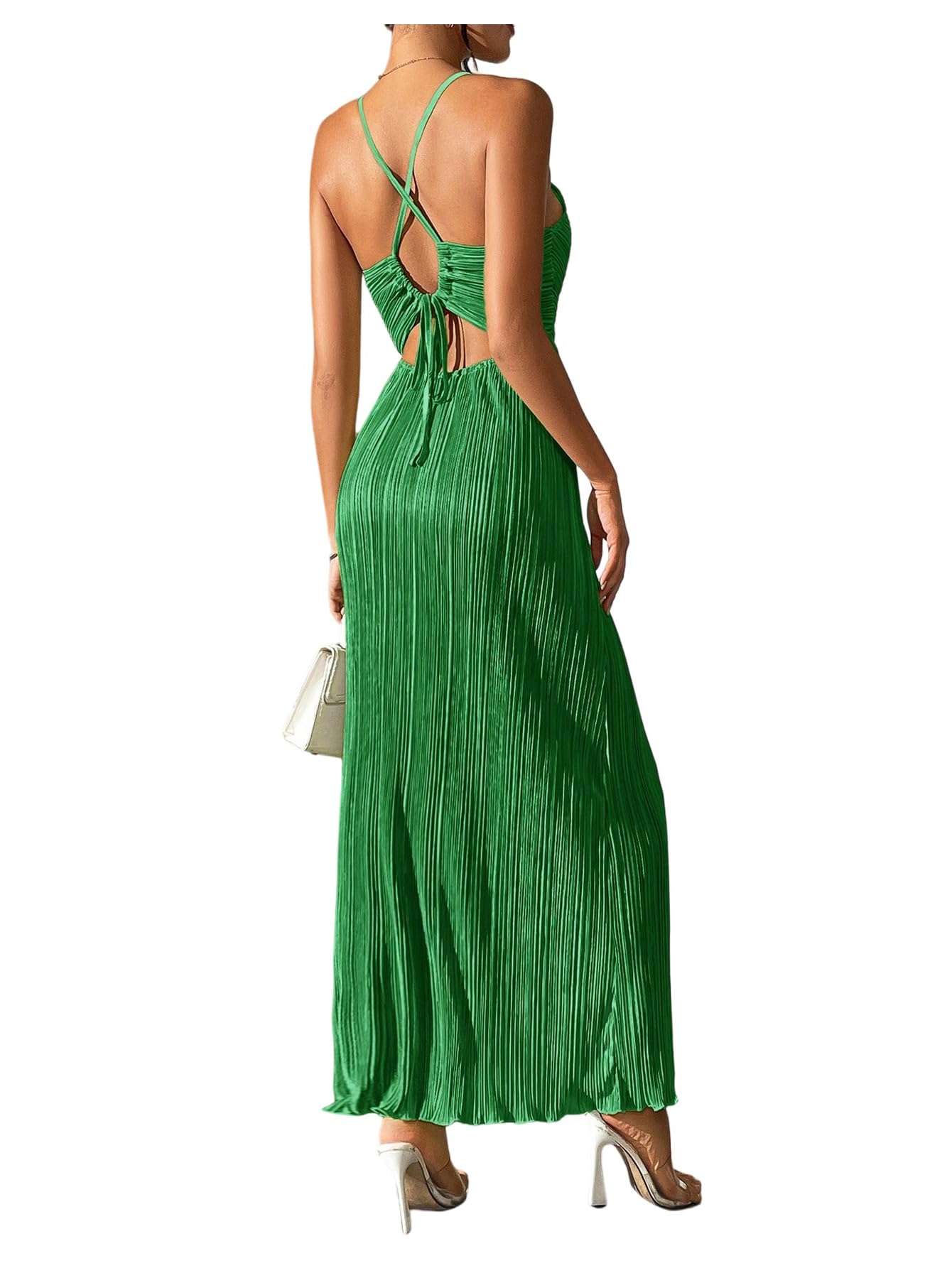 OYOANGLE Women's Summer Textured V Neck Sundress Tie Back Spaghetti Strap Pleated A Line Beach Long Maxi Party Dress Green Small
