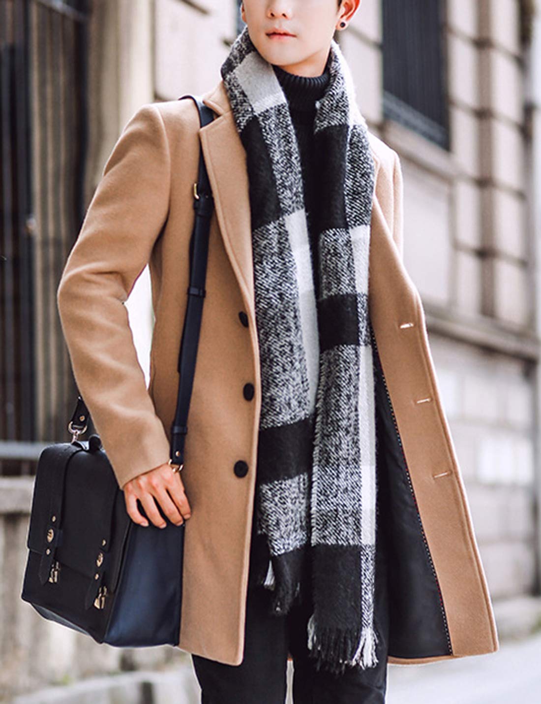 Springrain Men's Wool Blend Pea Coat Notched Collar Single Breasted Overcoat Warm Winter Trench Coat(Khaki-S)