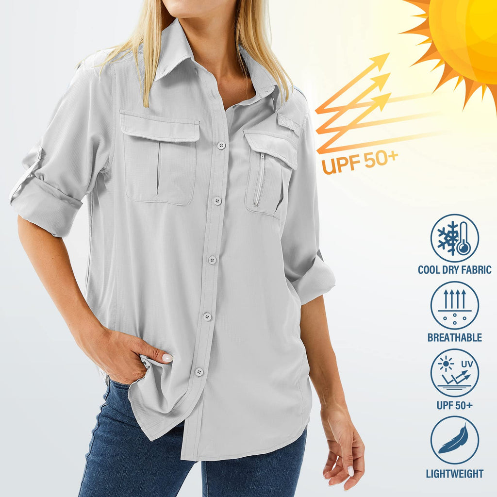 Toumett Women's UPF 50 Long Sleeve UV Sun Protection Safari Shirts Outdoor Quick Dry Fishing Hiking Travel Shirts(5071,Grey,M)