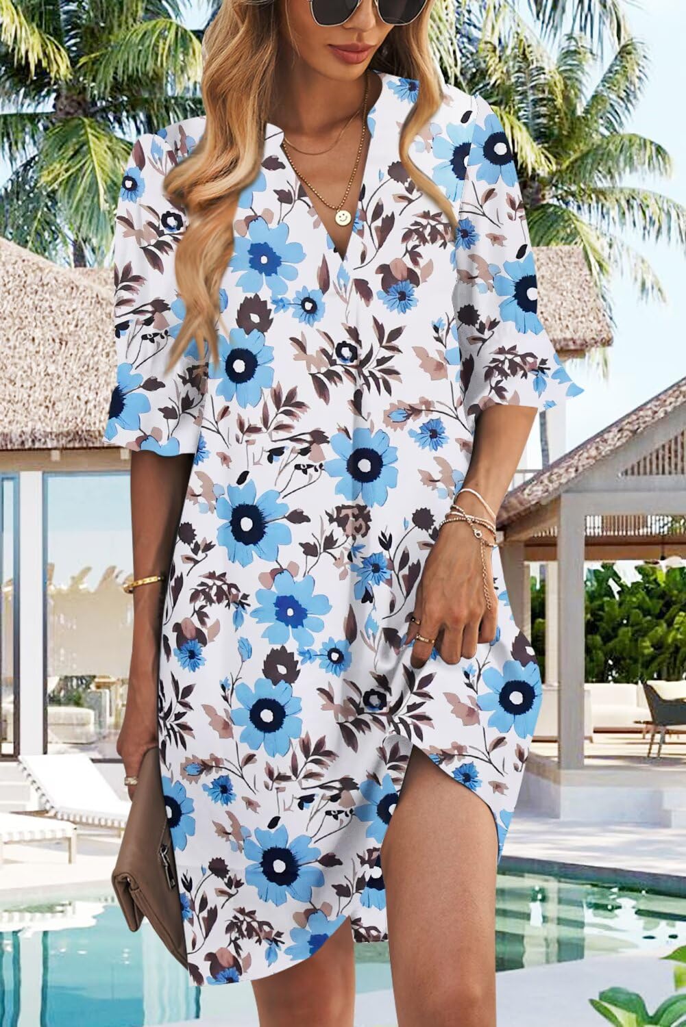 QACOHU Spring Summer Dresses for Women 2026 Ruffle Sleeves Sundress Simple Mini Dress V-Neck Shift Dress Blue Flowers L
