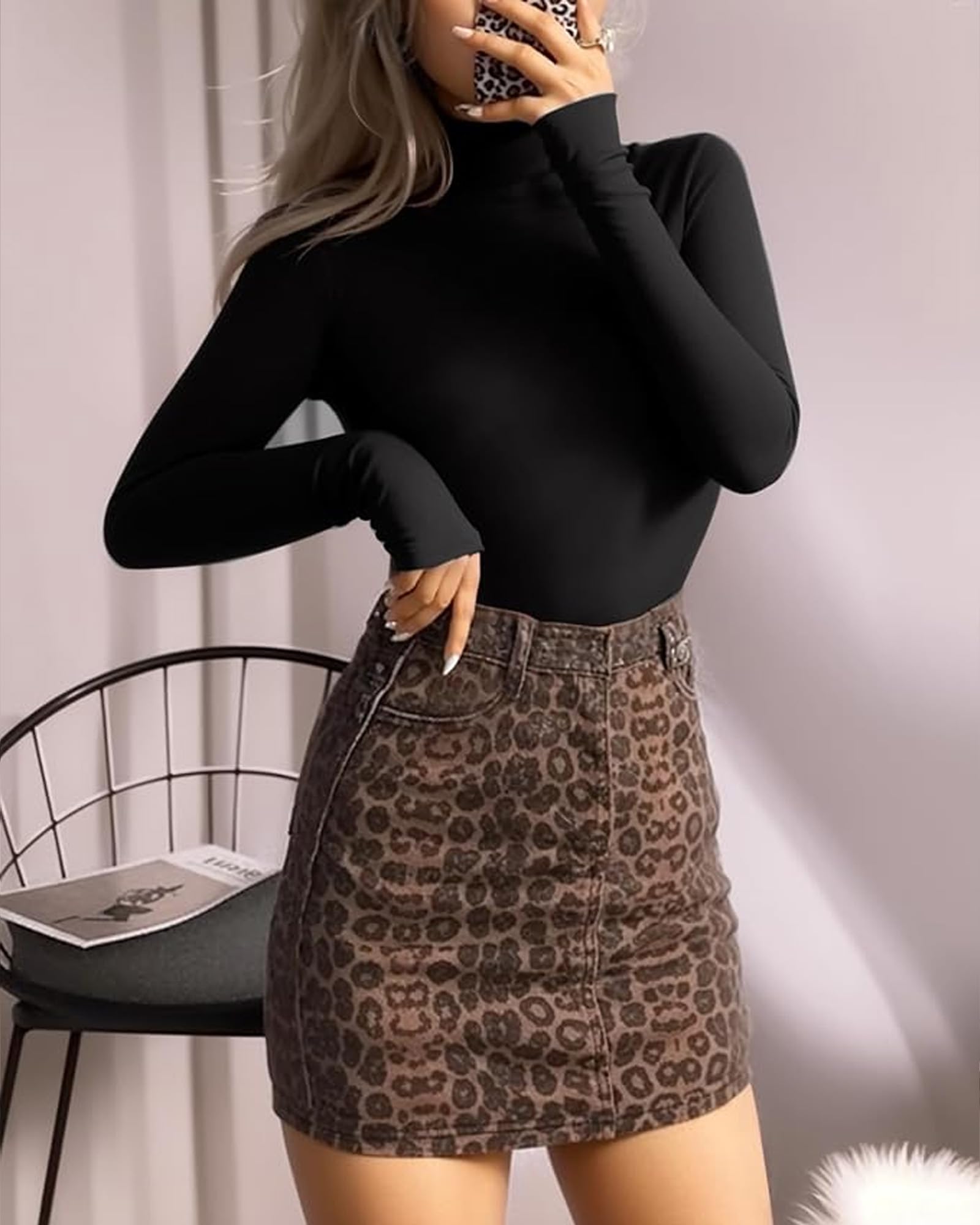 MANGOPOP Women's Mock Turtle Neck Long Sleeve Tops Bodysuit Jumpsuit Black Medium