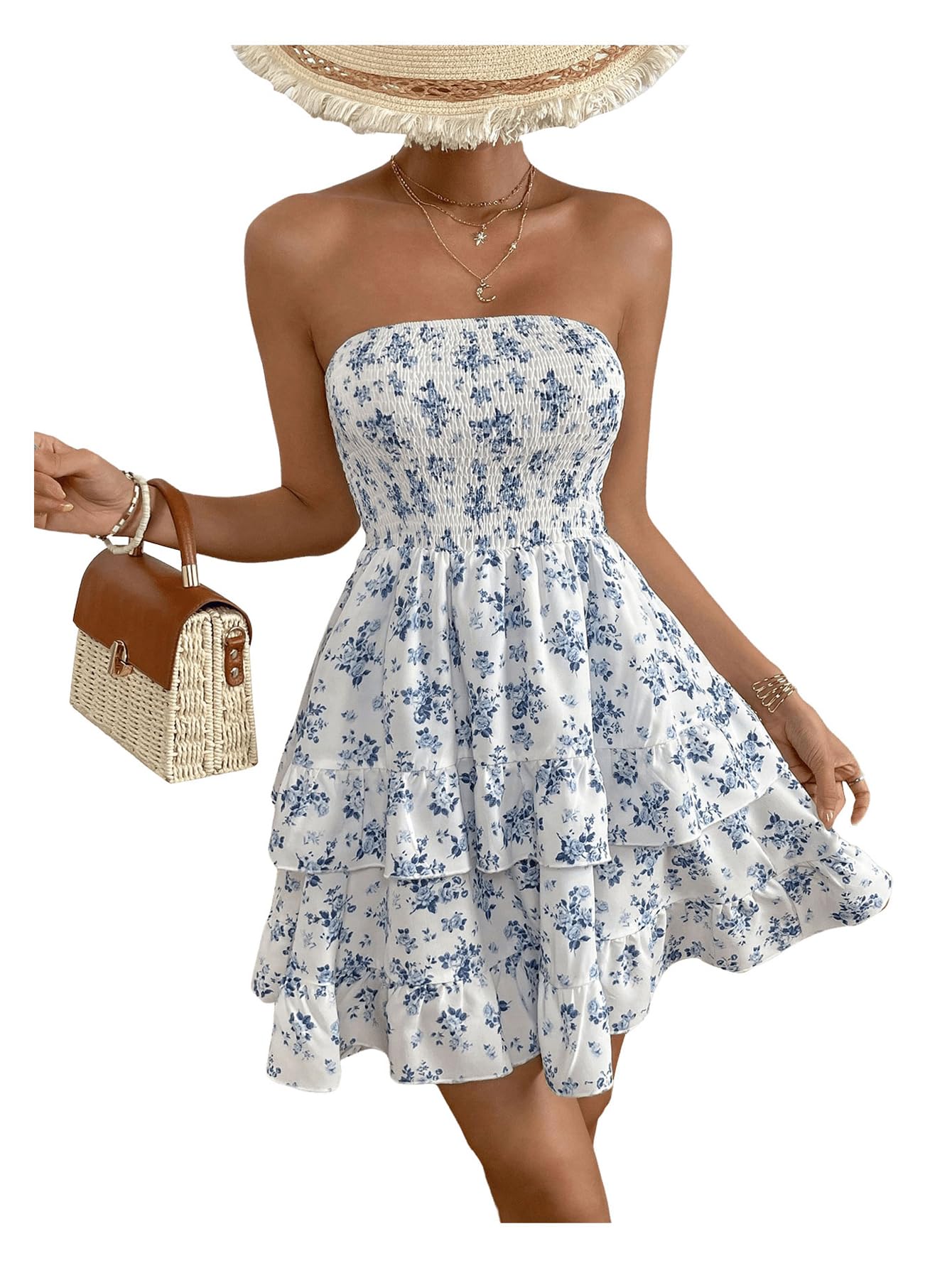 WDIRARA Women's Floral Print Ruffle Hem Tiered Layer Backless Shirred Tube A Line Dress Blue and White M