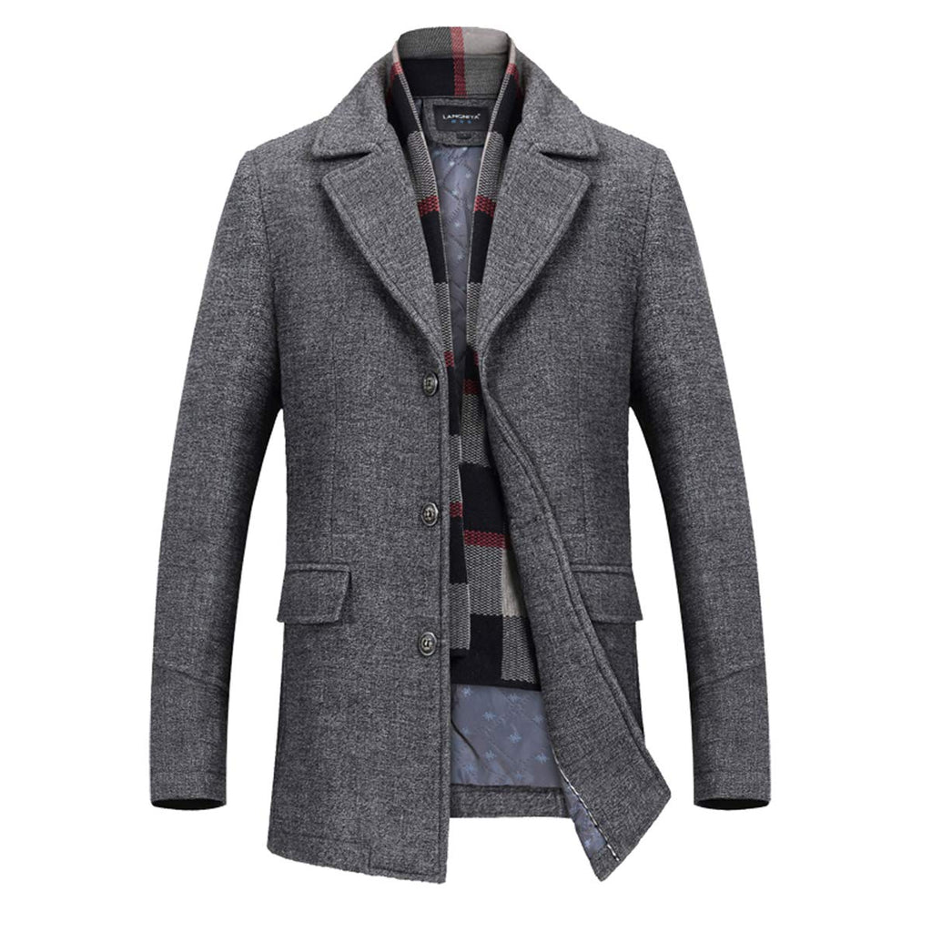 INVACHI Mens Wool Blend Coat Winter Trench Coat with Detachable Soft Scarf Single Breasted Overcoat