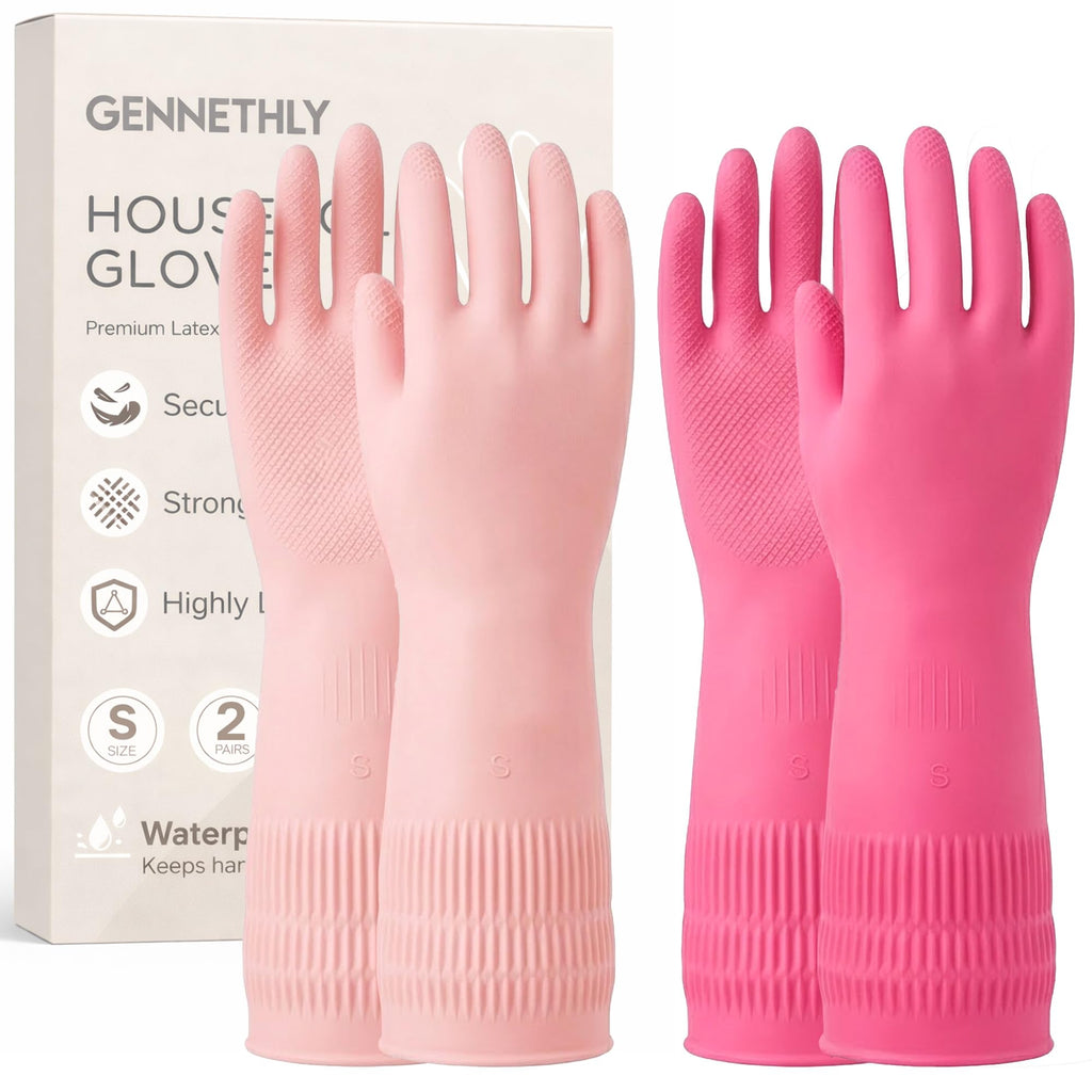 Rubber Cleaning Gloves, Dishwashing Kitchen Glove Tools for Dish Washing Household Essentials, Waterproof Non-Slip Long Cuff House Supplies Guantes Para Lavar Platos Women, Red+Pink, Medium, 2 Pairs