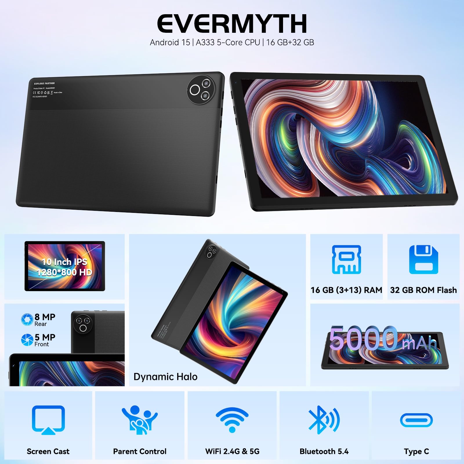 Tablet 10 Inch Android 15 OS GMS Certified Tablets PC 1.8 GHz 5-Core 16 (3+13) GB RAM 32 GB ROM 1 TB Expandable 1280x800 HD IPS Touch Screen 5000 mAh WiFi 6 Bluetooth 5.4 Dual Camera 2025 (Black)