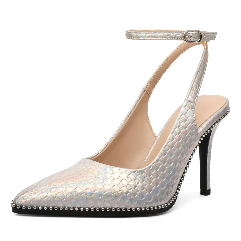 Soireelady Silver Ankle Strap Heels Beaded Slingback Pumps Pointed Toe Stilettos High Heels Dress Shoes 3.5 Inches Silver Sparkly US Size 8