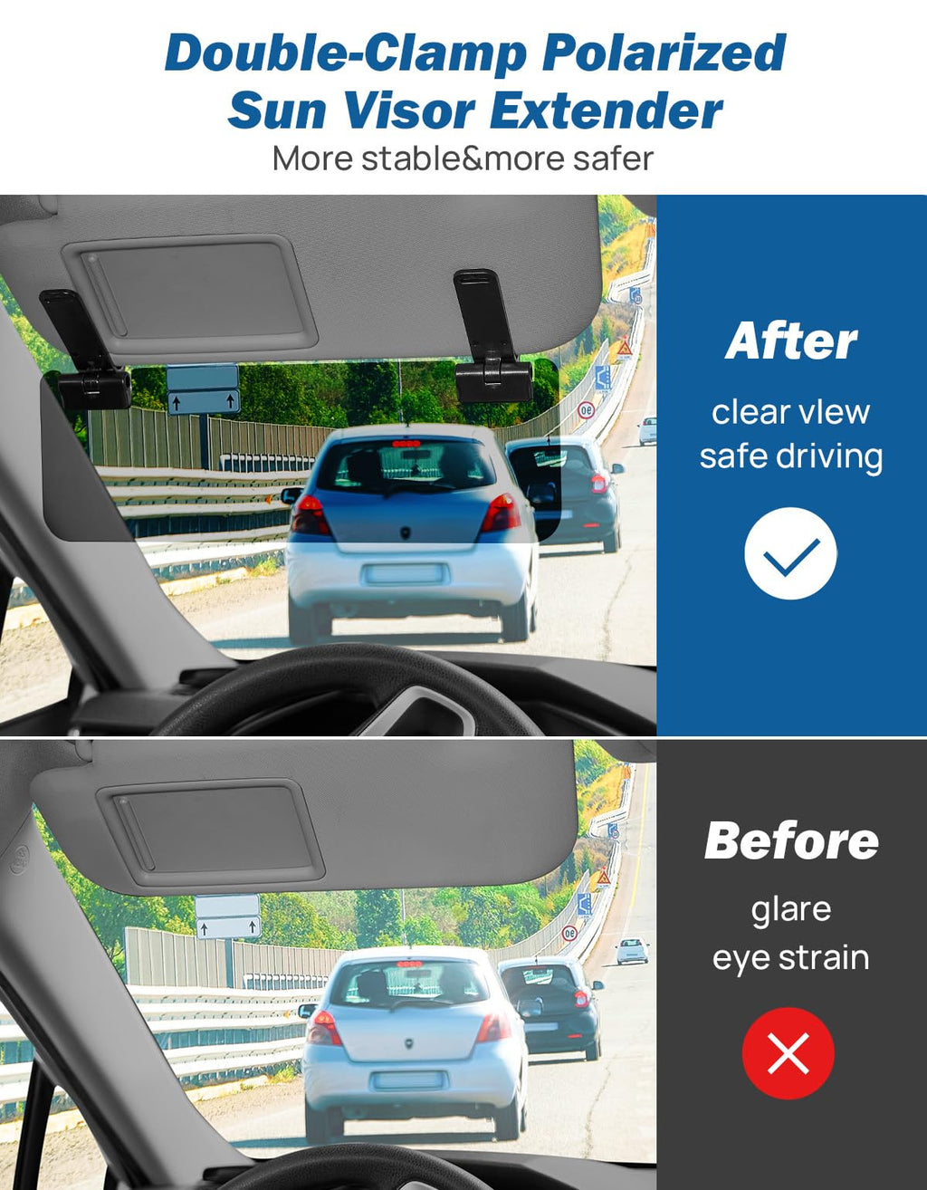 JOYTUTUS Sun Visor Extender for Cars, Polarized Sun Visor Extender Universal Sun Blocker UV400, Adjustable Visor Extension for Car Visor,Double-Clip,Anti Glare Stray Light