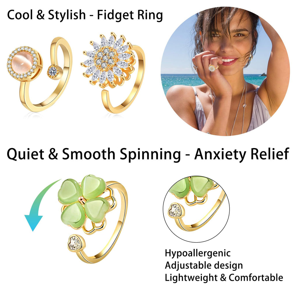 LOWNOUR Fidget Ring Anxiety Rings for Women Gold 9pcs Adjustable Spinner Ring CZ Diamond Sunflower Moon Star Four Leaf Heart Bead Fidget Rings for Anxiety Stress Relief for Women