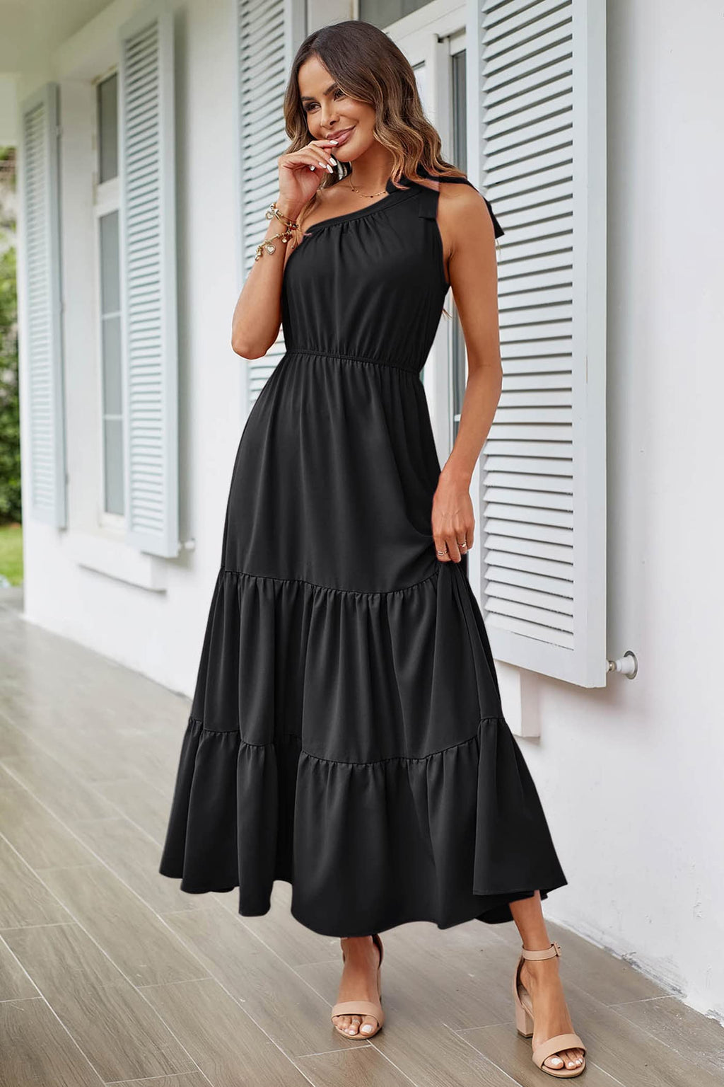 PRETTYGARDEN Women's Summer Floral Maxi Dress Knot One Shoulder Sleeveless Ruffle Flowy Boho Beach Wedding Guest Dresses (Solid Black,XX-Large)