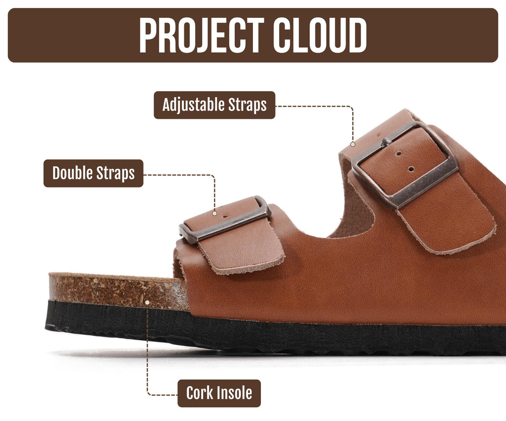 Project Cloud 100% Genuine Leather Flat Sandals For Women 2026 Cork Footbed Womens Sandals with Memory Foam and arch support Vacation Essentials Slides for Women Footwear (Venita, Cognac, 5.5)