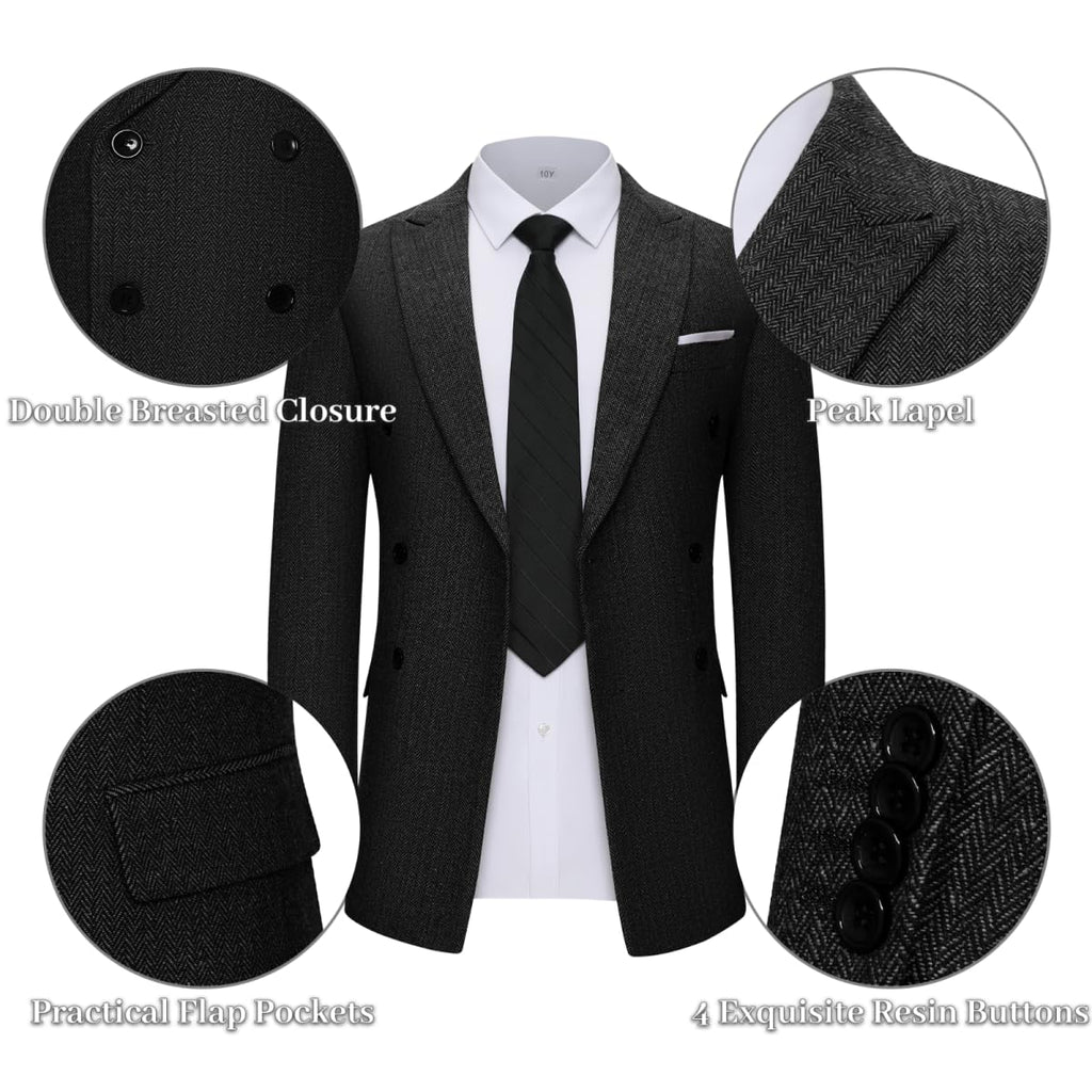 Lynerun Tweed Herringbone Suit Men 2 Piece Slim Fit Black Suits for Men Formal Double Breasted Wool Jacket Pants Set Prom Tuxedo L