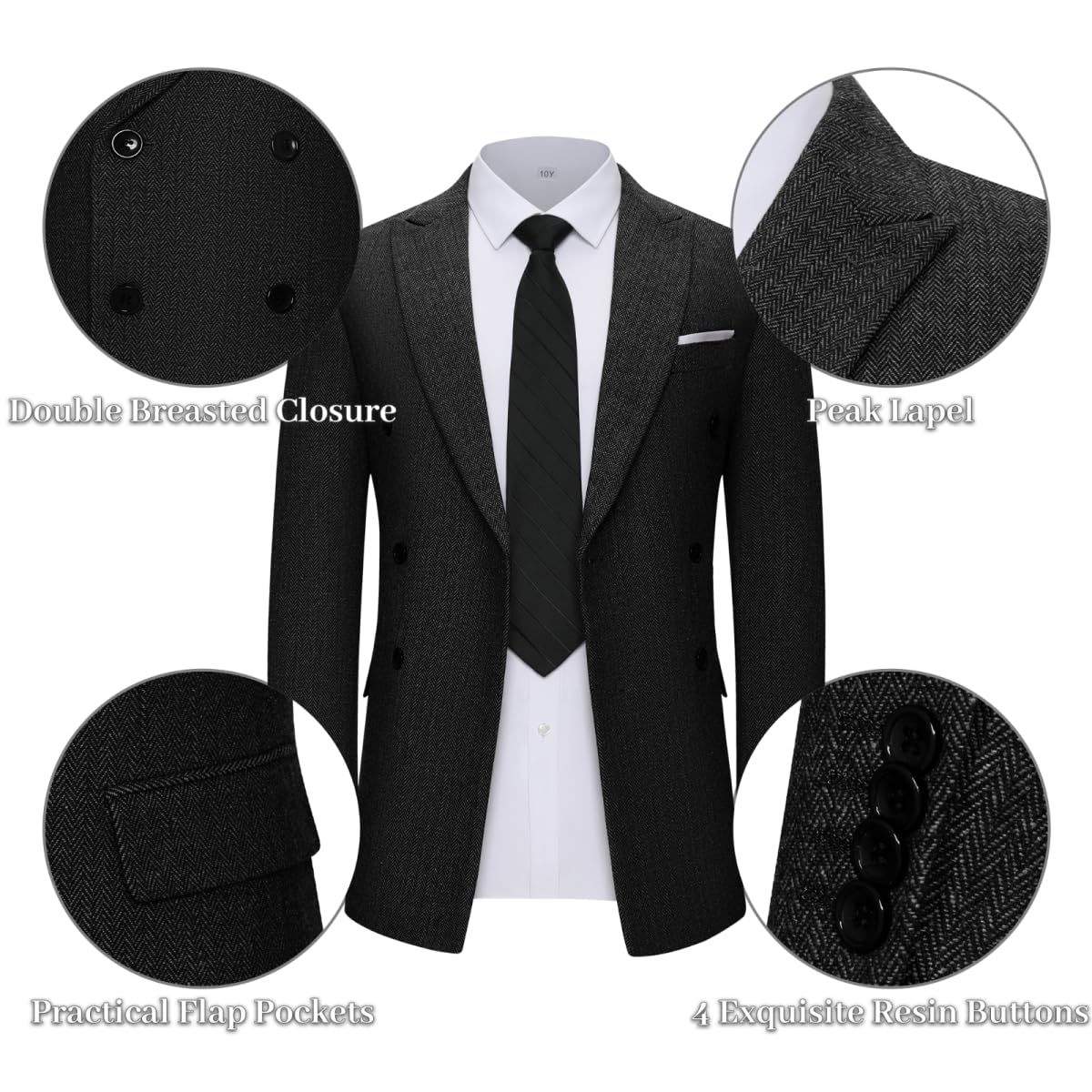 Lynerun Tweed Herringbone Suit Men 2 Piece Slim Fit Black Suits for Men Formal Double Breasted Wool Jacket Pants Set Prom Tuxedo L