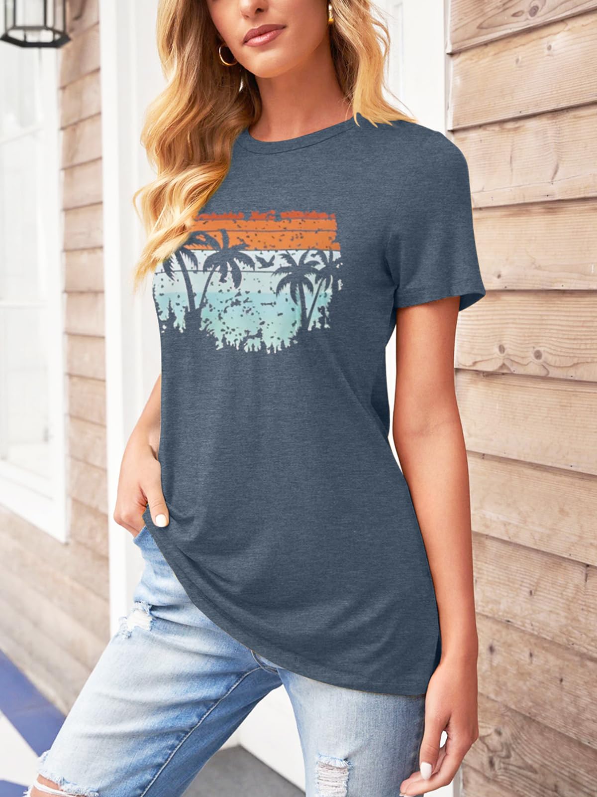TAKEYAL Graphic Tees for Women Map Count Tree Print Short Sleeve T Shirts Summer Casual Tee Beach Vacation Top (Blue Gray, L)