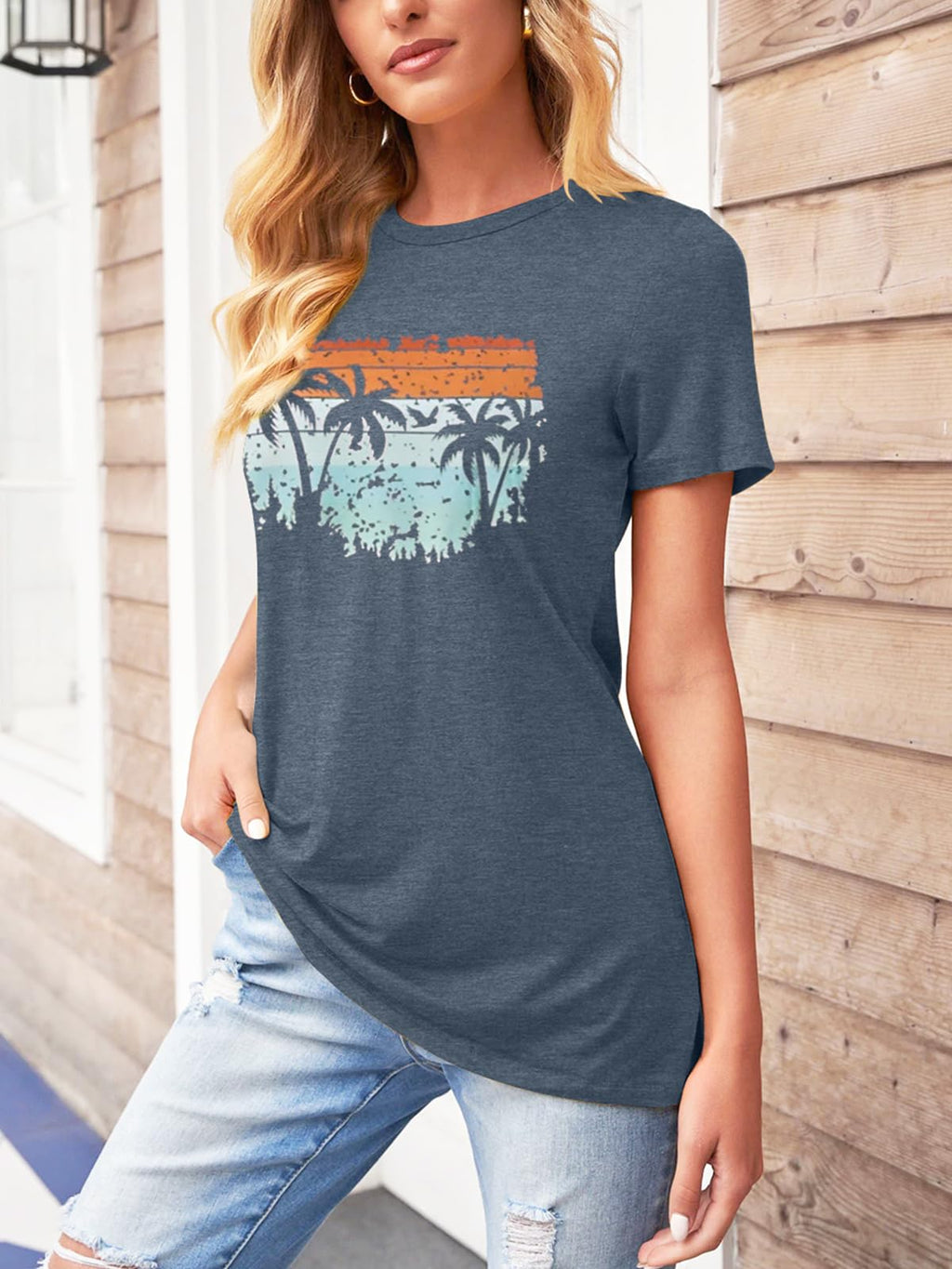 TAKEYAL Graphic Tees for Women Map Count Tree Print Short Sleeve T Shirts Summer Casual Tee Beach Vacation Top (Blue Gray, M)