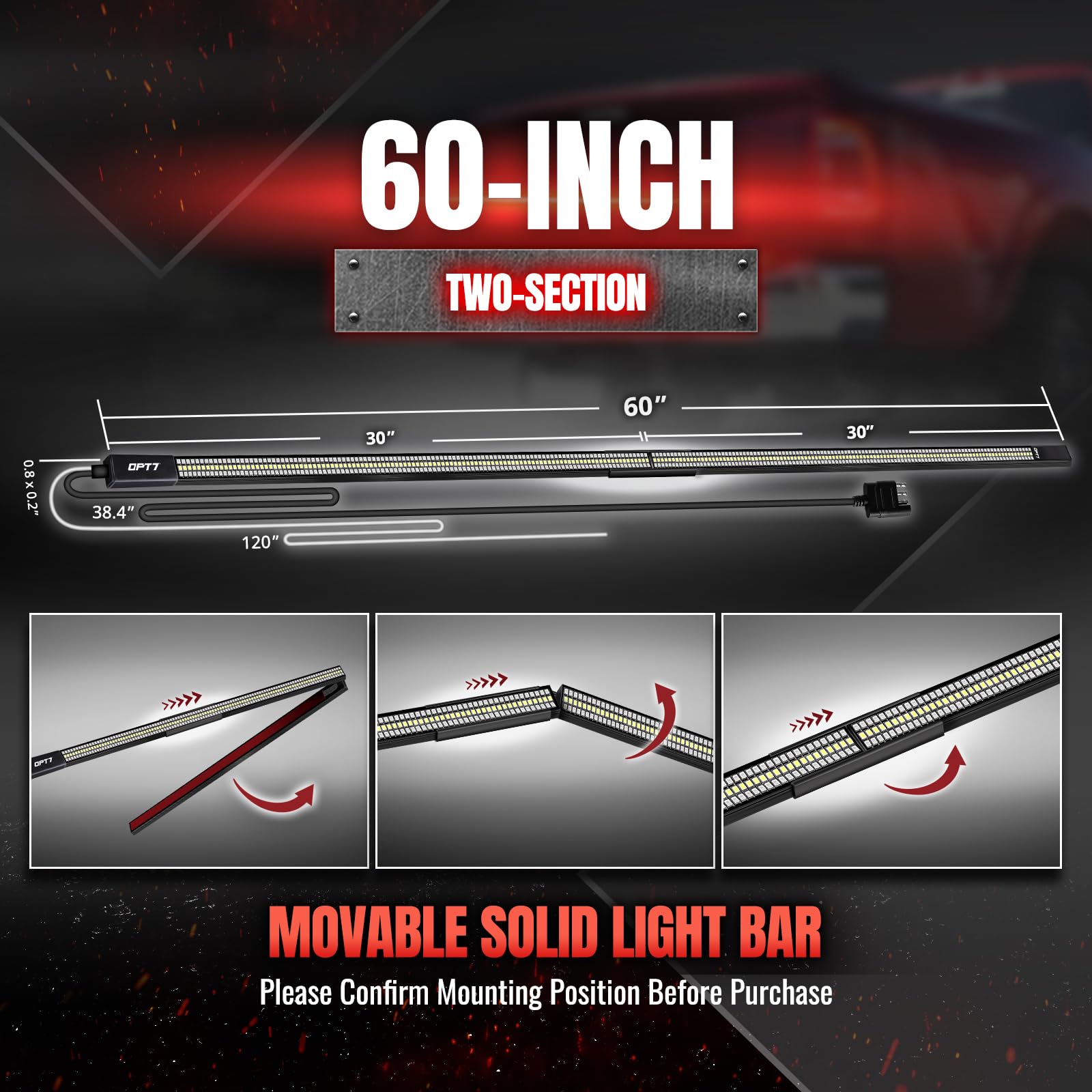 OPT7 Redline Parlux 60" Aluminum Truck Tailgate Light Bar w/Sequential Red Turn - Rigid 2-Section Triple Row LED Light Strip w/Ignition Sequence, Red Running Brake, Triple-Flash White Reverse