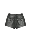 WDIRARA Women's Cross Embroidery Rhinestone Denim Shorts Y2k Grunge Punk Jean Shorts