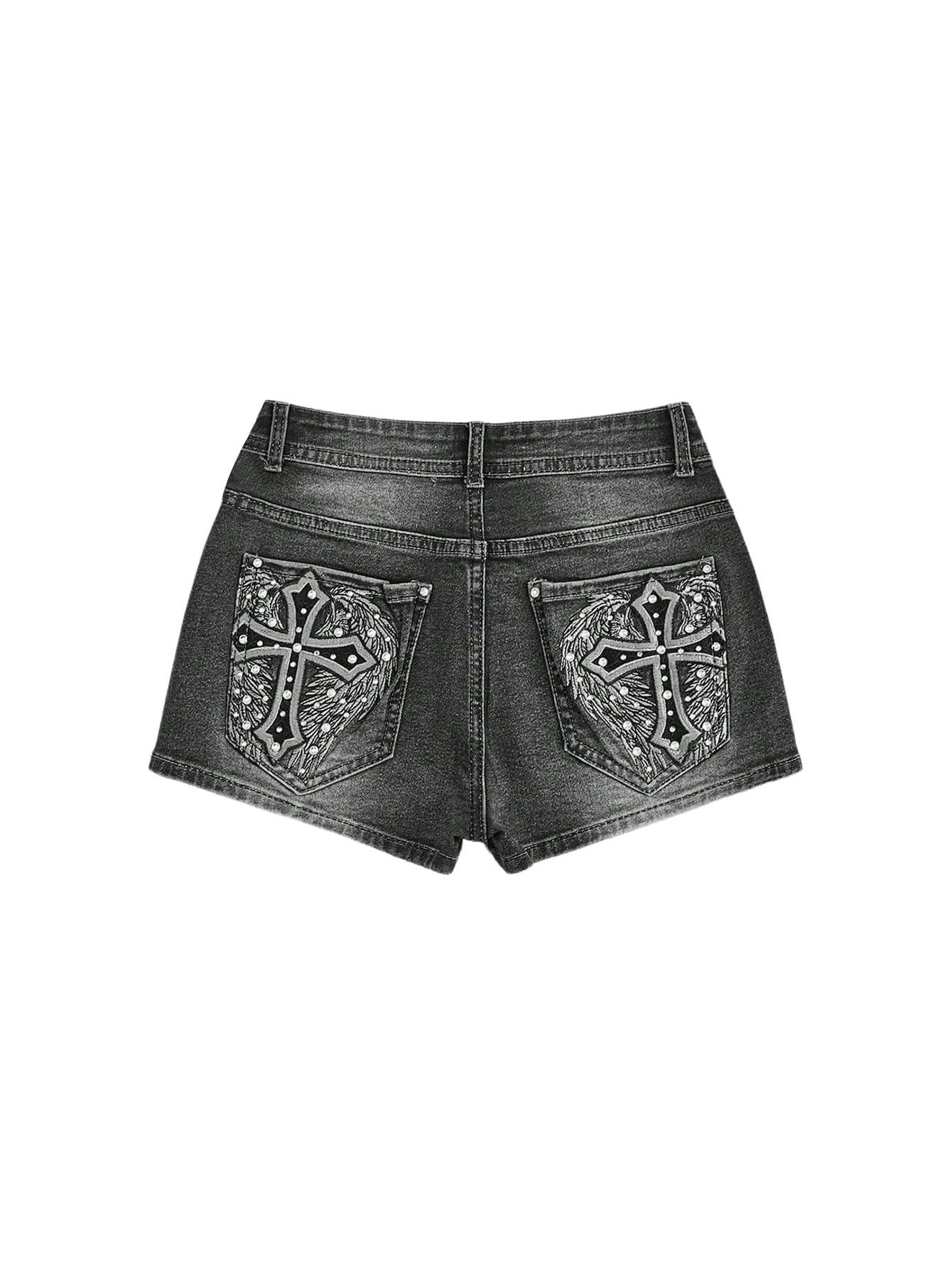 WDIRARA Women's Cross Embroidery Rhinestone Denim Shorts Y2k Grunge Punk Jean Shorts