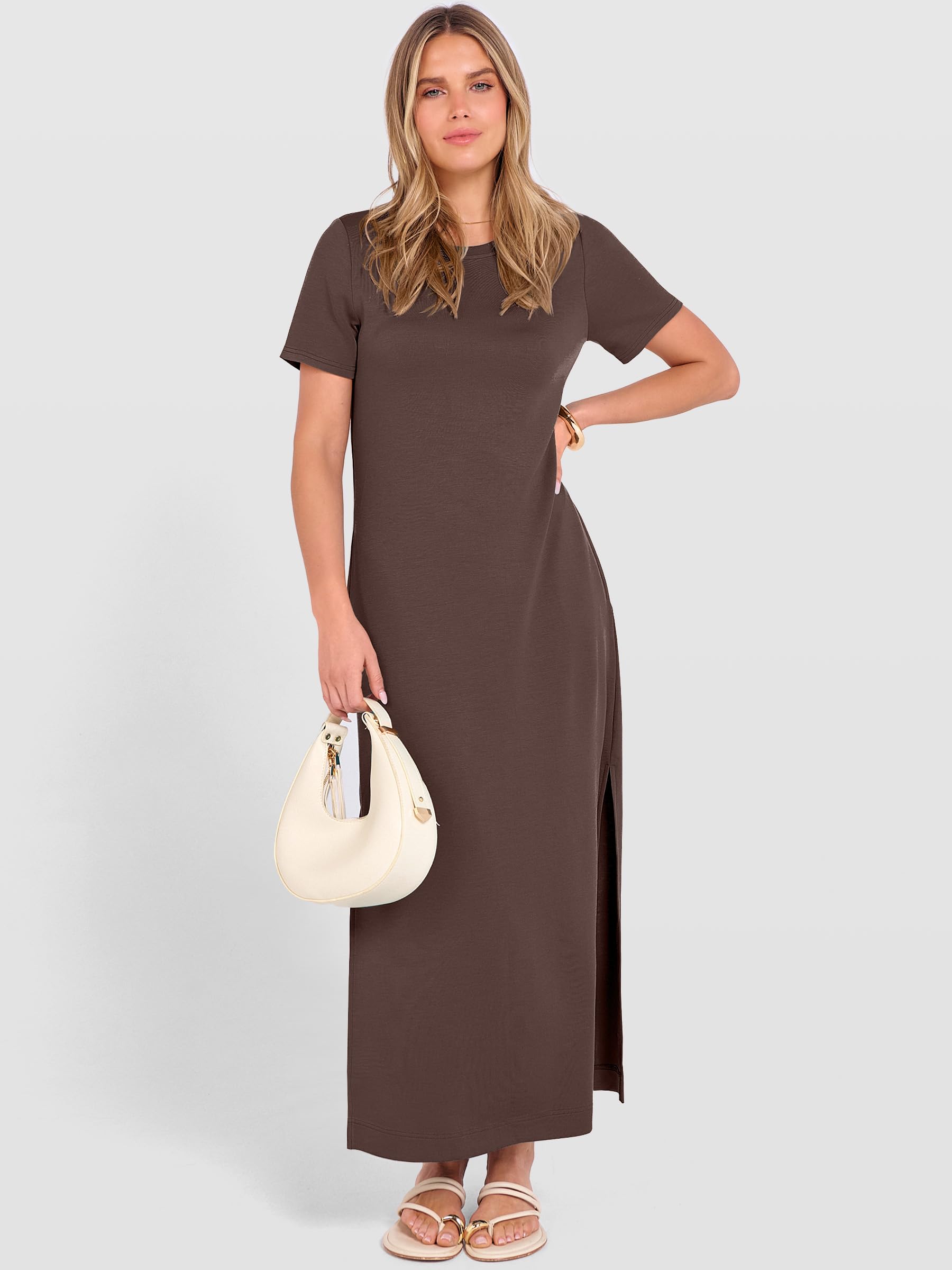 ANRABESS Womens Summer Casual Maxi Dress Short Sleeve Crewneck Split Wrinkle-Free Travel Long Sundress Beach Vacation Clothes Brown X-Large