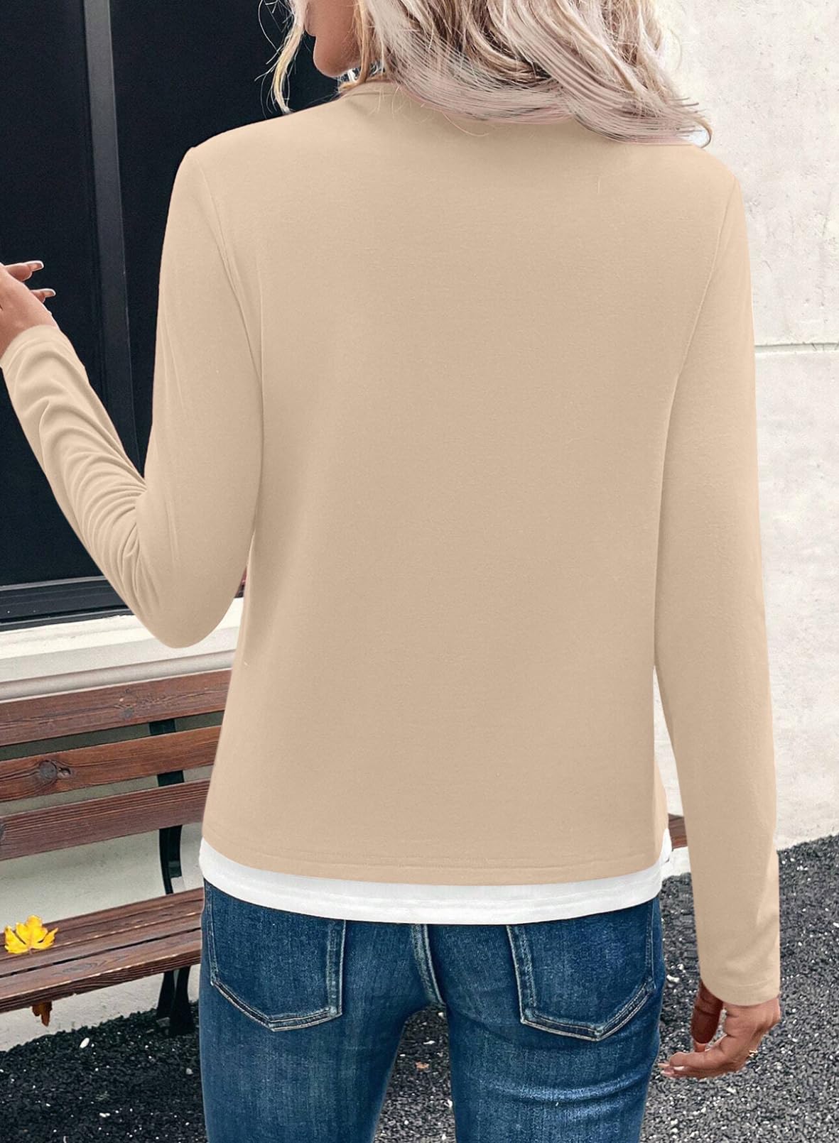 SHEWIN Womens Tops Casual Fashion Trendy Long Sleeve Shirts for Women Fall Clothes Crewneck T Shirts Business Casual Outfits Khaki XX-Large