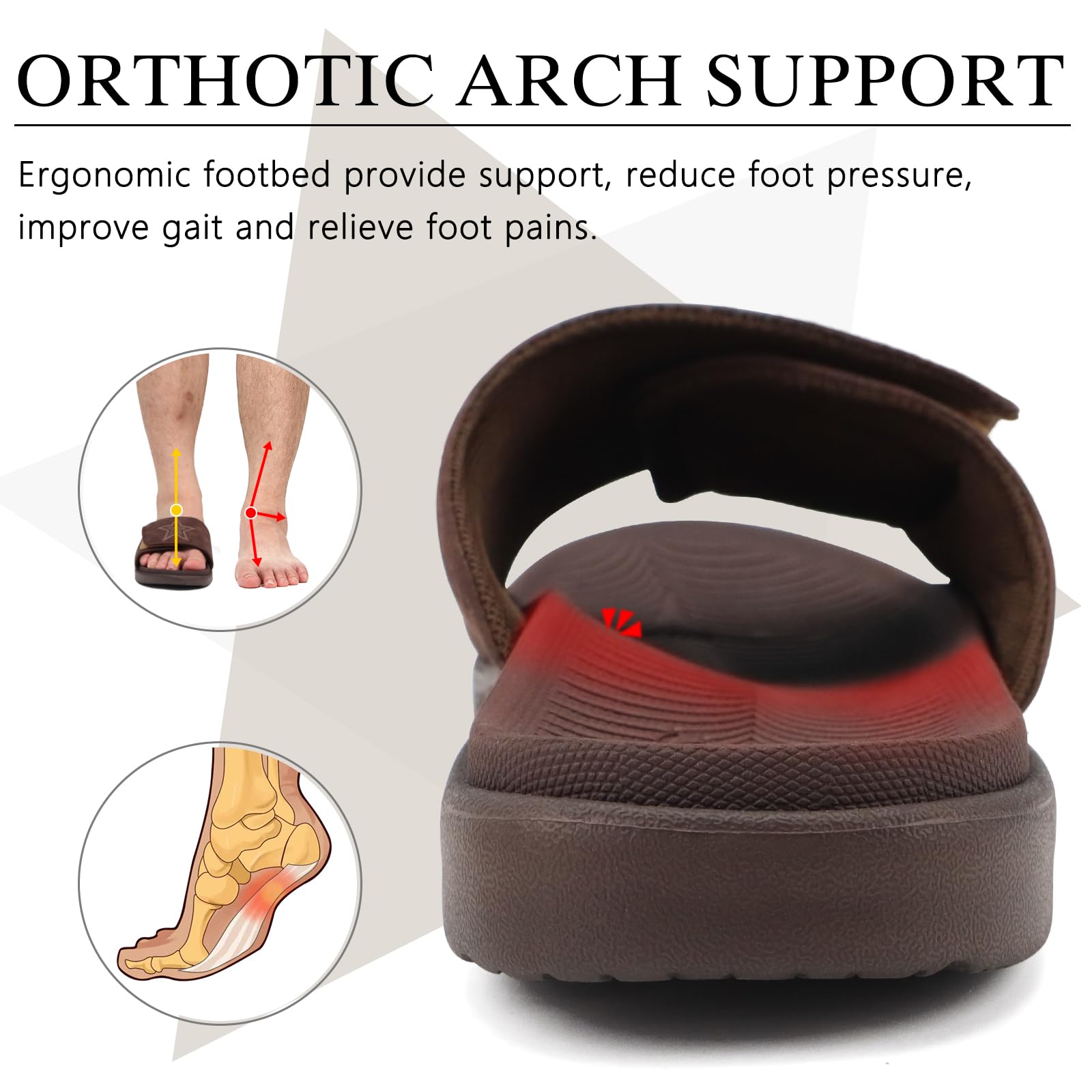 KuaiLu Mens Slides Soft Cushion Sport Sandals with Plantar Fasciitis Arch Support Adjustable Open Toe Summer Slippers Slip on Indoor Outdoor Sandalias Para Hombres, Dark Brown Size 8