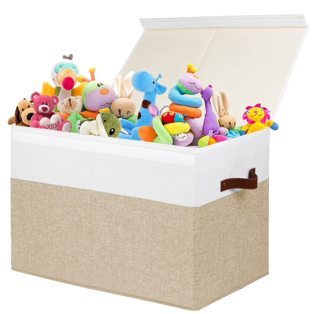 Gowee Large Toy Storage Box with Lid, Sturdy Toys Storage Chest Bin Organizer Basket with Dividers for Kids, Boys, Girls, Nursery, Closet, Bedroom, Playroom 25"x13" x16" (Beige and White)
