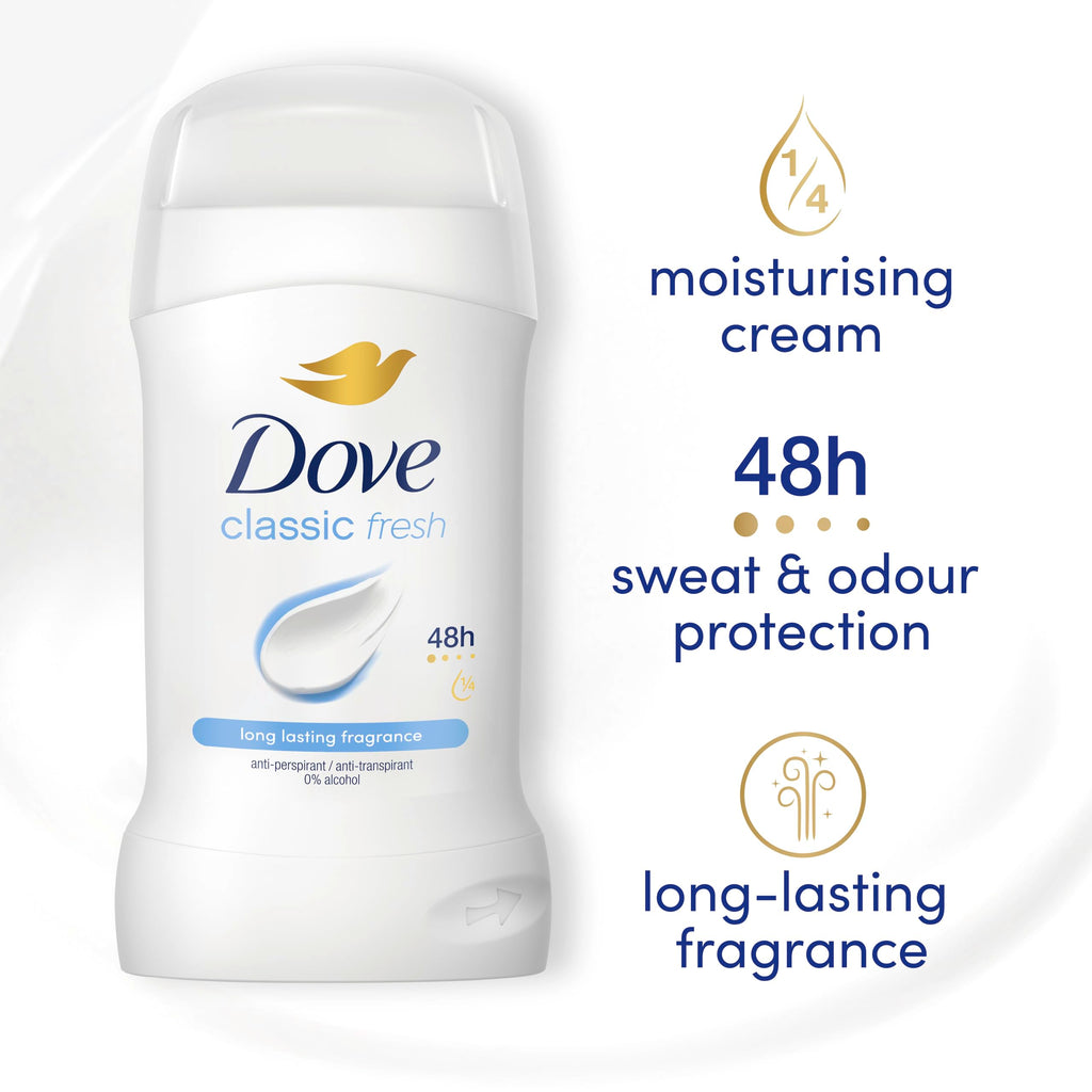 Dove Classic Fresh Anti-Perspirant Cream Women's Deodorant Stick with ¼ moisturising cream for 48 hour sweat protection and long-lasting fragrance 50 ml