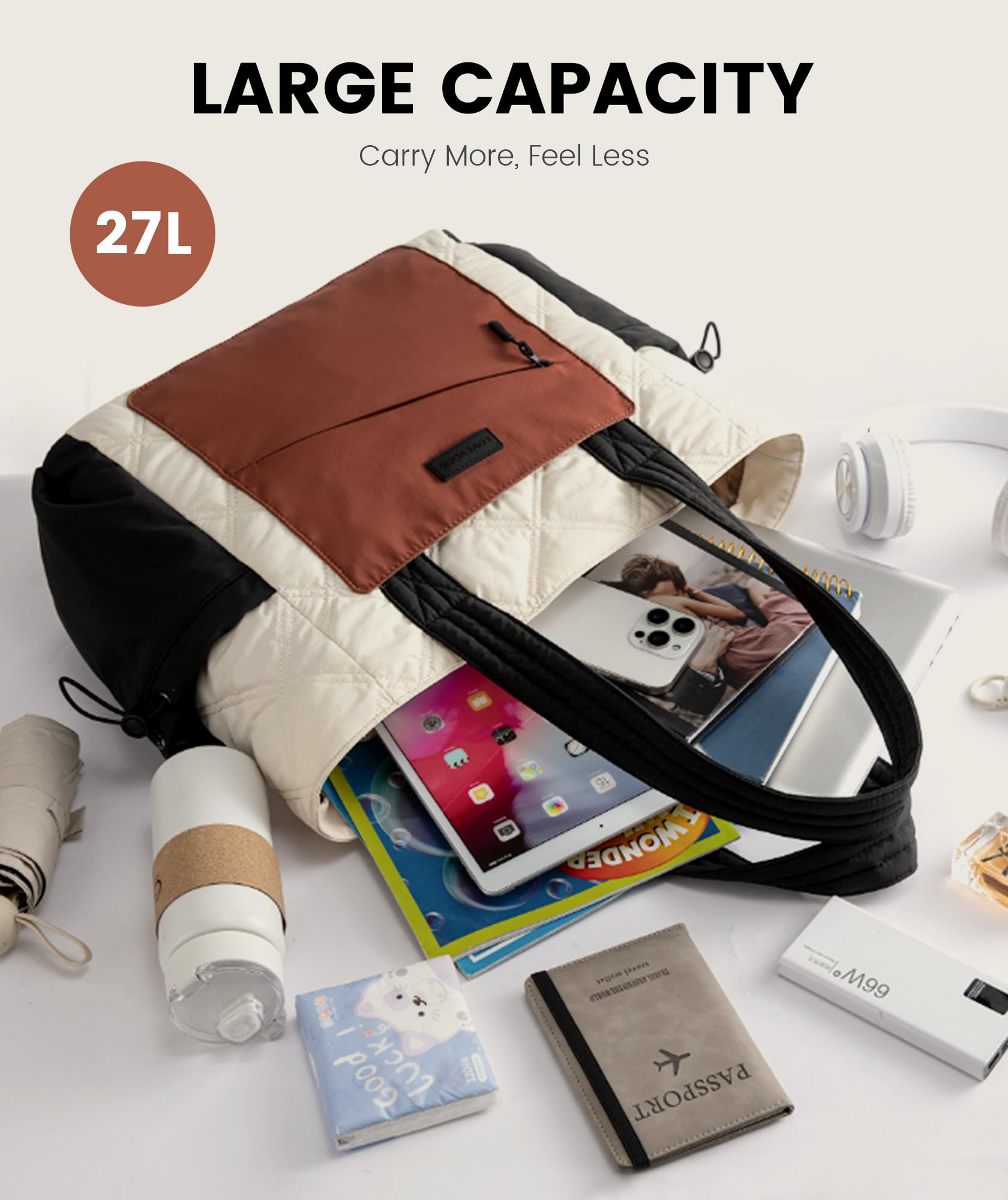 LOVEVOOK Tote Bag for Women, Puffer Bag and Work Bags with Zipper for Travel, Daily, School, Quilted Nurse Shoulder, 2pcs