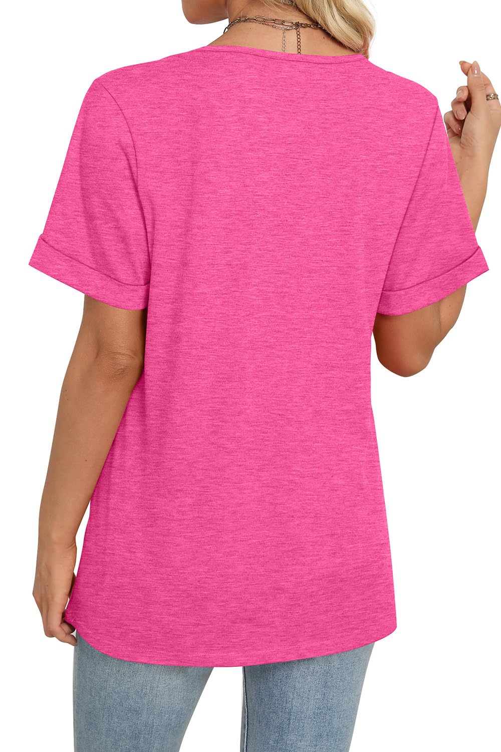 WIHOLL Womens Tops V Neck Dressy Casual Short Sleeve Summer Tops Fashion Cute Basic Tshirts Shirts for Women Hot Pink L