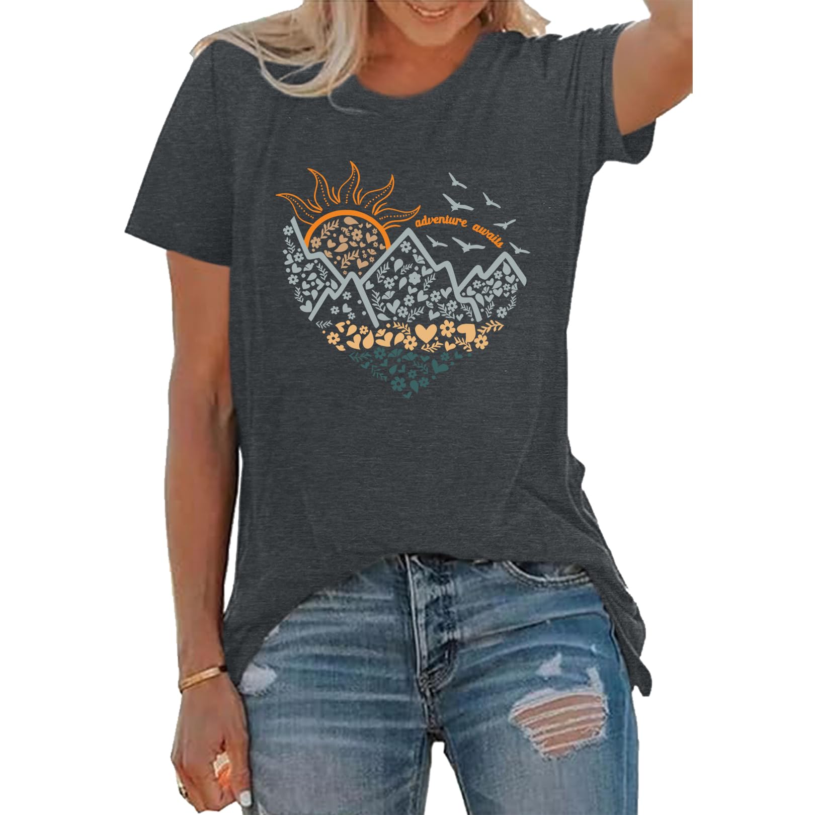 LOOKFACE Women Crewneck Cute Graphic Short Sleeve T Shirts Dark Grey Large
