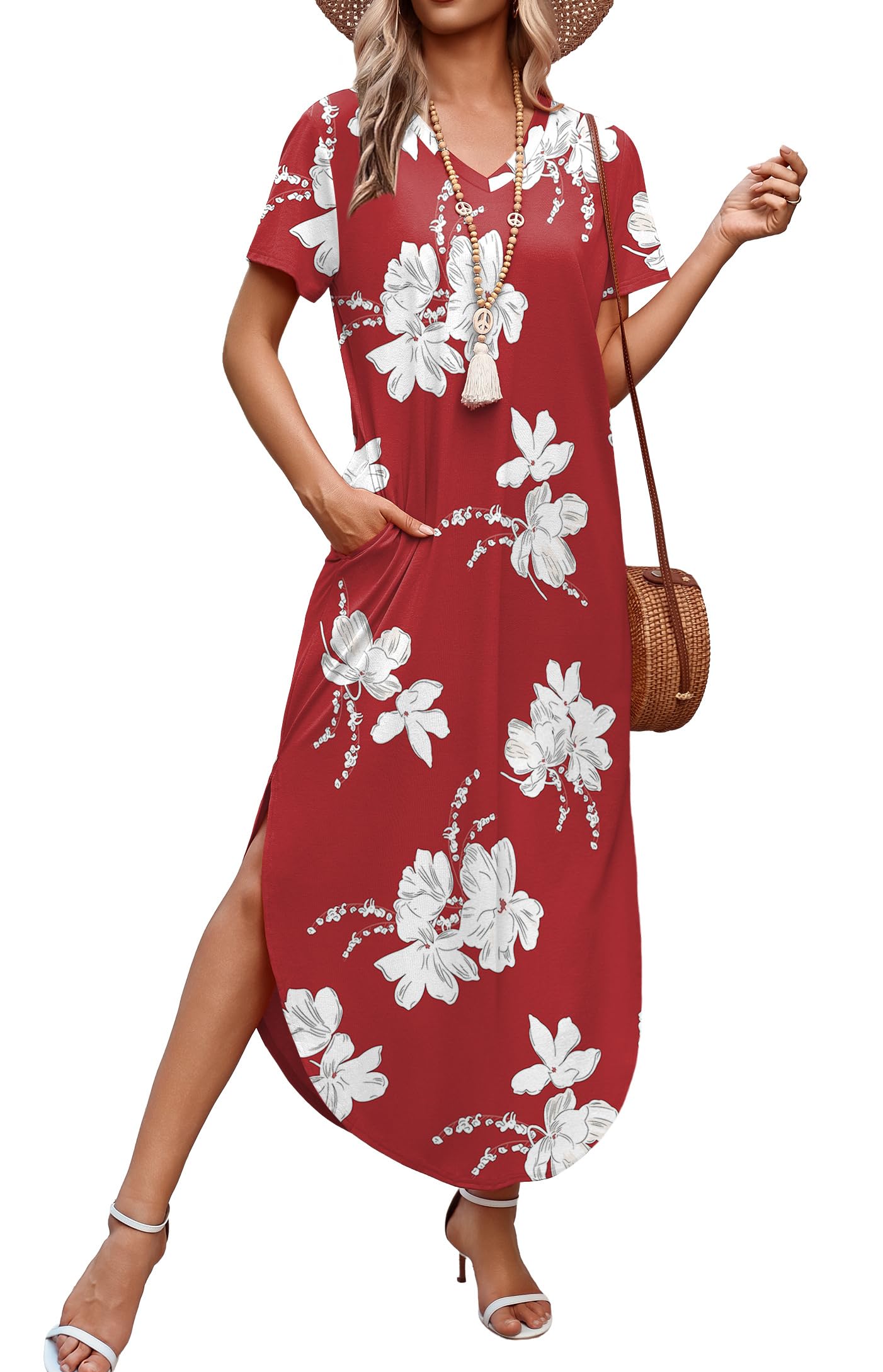 WIHOLL Maxi Dresses for Women Elegant Classy 2026 Beach Vacation Clothes Summer Outfits Hawaiian Tropical Dress Floral Red M