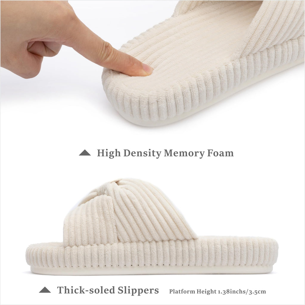 Chantomoo Slippers for Women Memory Foam House Bedroom Corduroy Bow Crossbands Slipper Shoes Comfy Trendy Gift Slippers Beige Size7 8 6.5