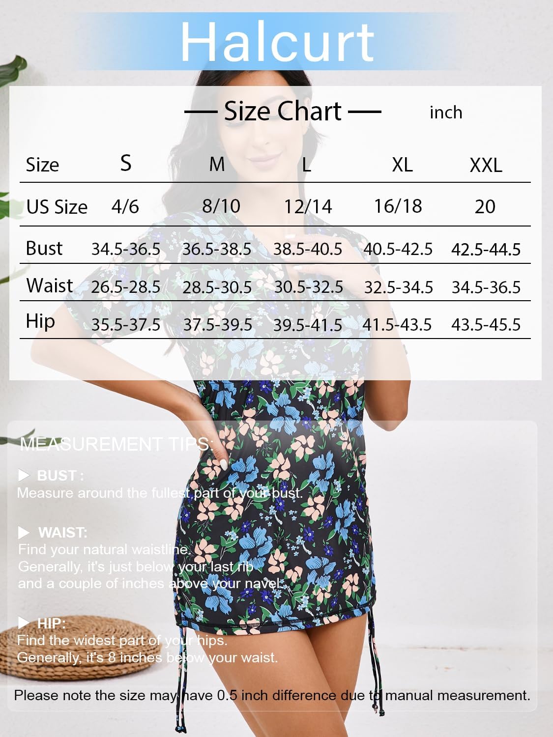 Halcurt Women's Short Sleeve Rash Guard Swim Shirt with Bra Half Zip Tie Drawstring UPF50+ Swimsuit Top Black Blue Yellow Flowers 2XL
