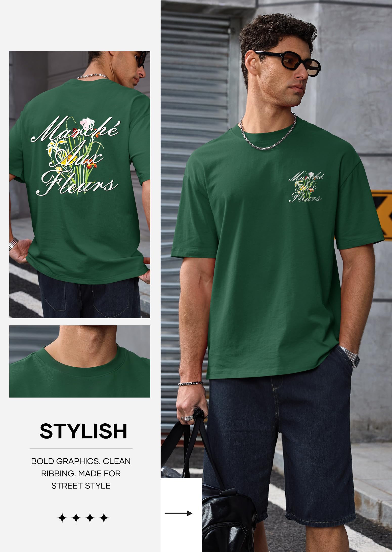 Herberton Mens Designer Stylish Tshirt Spring Cool Tee Loose Fit Baggy Summer Relaxed Youth Y2k 100% Pure Cotton Graphic Print Swag Lightweight Flowers Shirt Forest Green XL