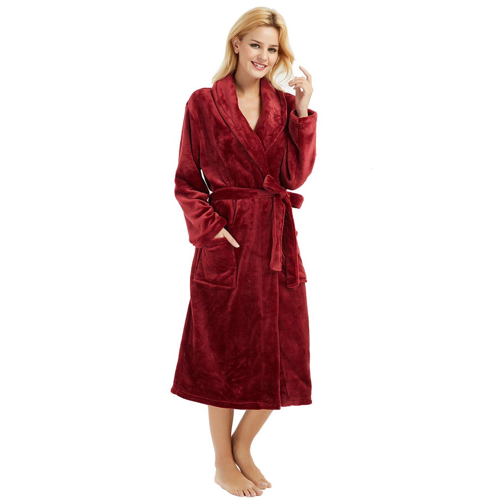 HEARTNICE Womens Fleece Robes, Soft Plush Long Bathrobe, Thick Kimono Robes for Womens, Warm House Coat (Wine, S/M)