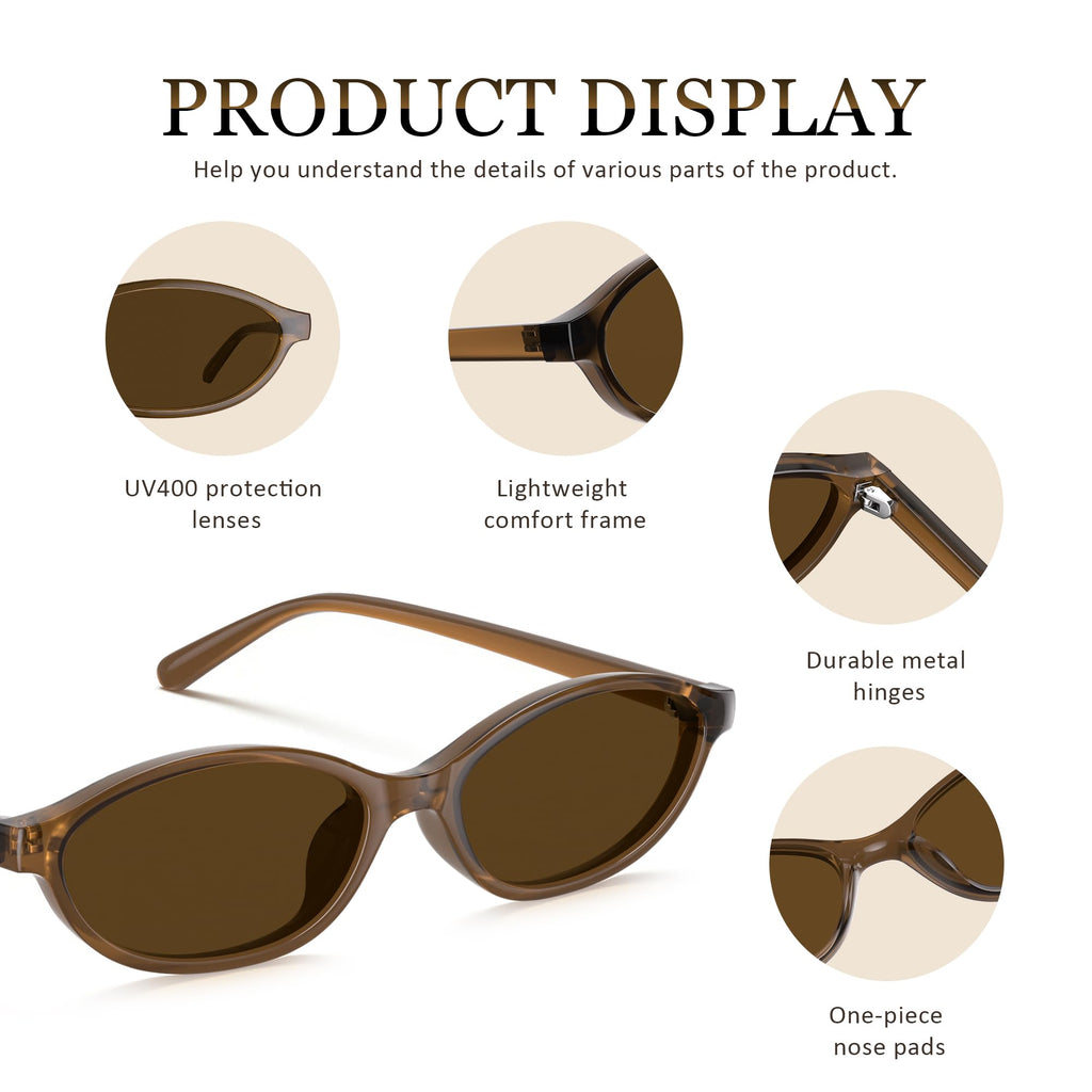 phikttu Sunglasses Womens Retro Oval Sunglasses for Women - Cat Eye 90s Glasses Y2K UV400 Lightweight Narrow Shades
